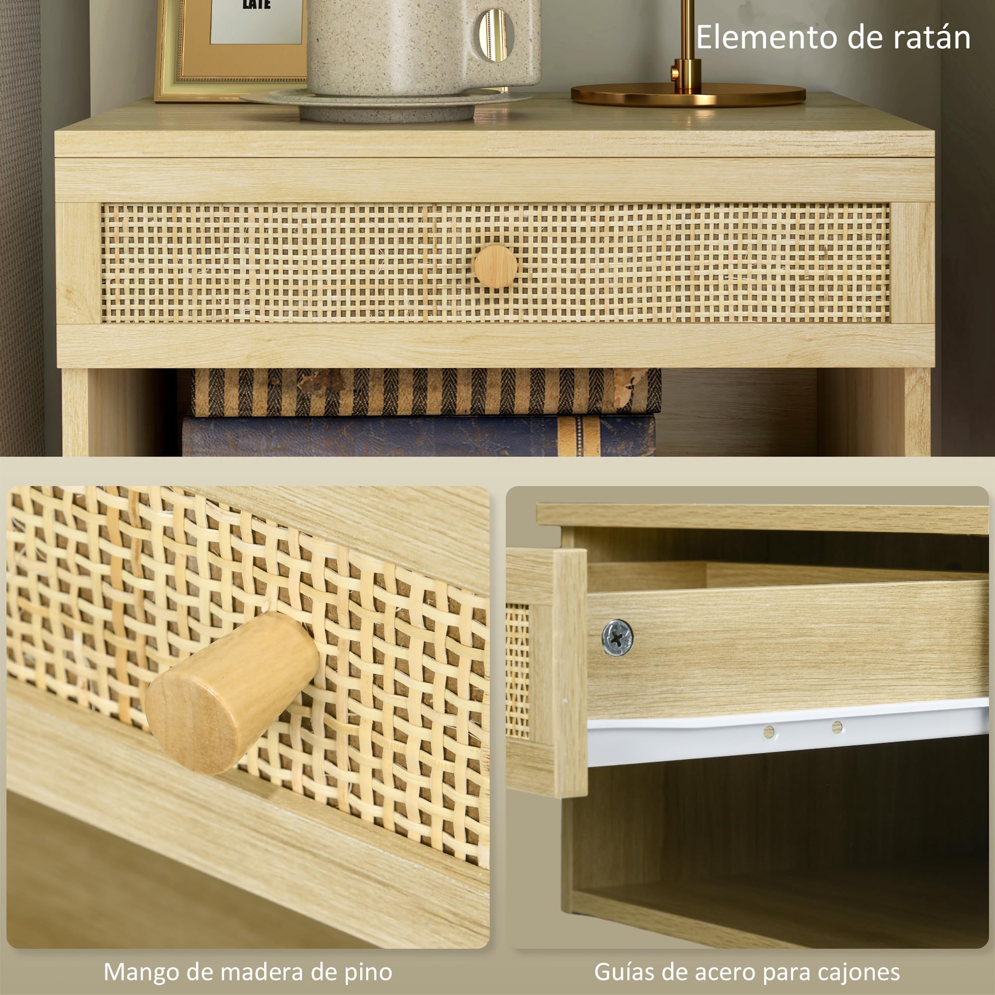 HOMCOM Juego de 2 Mesitas de Noche Flotantes de Pared 40x34x23 cm Natural | con Cajón de Ratán y Estante Abierto, Mesillas de Noche Dormitorio, Estilo Nórdico, para Sala de Estar
