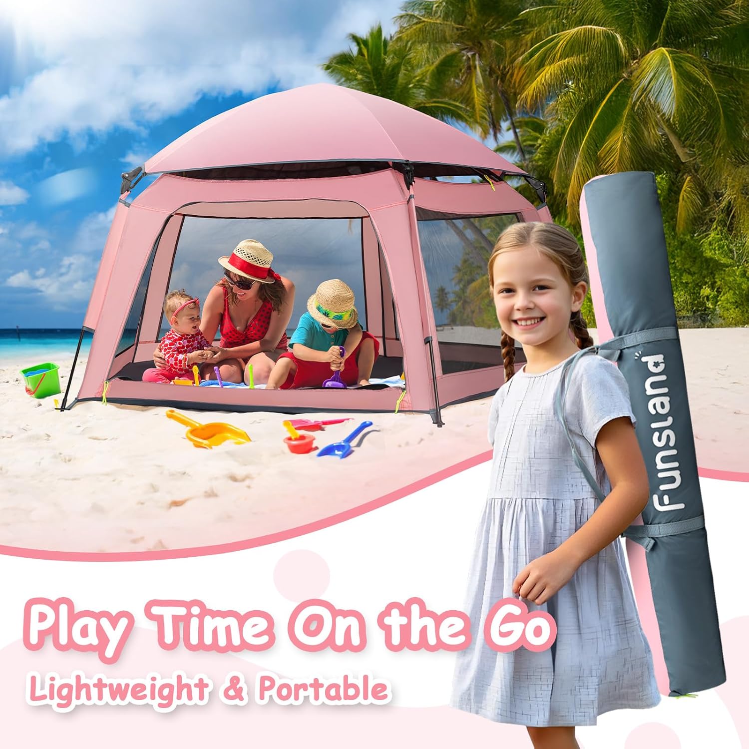 Baby Playpen Pop-up Tent - Outdoor & Indoor Play Tent for Beach with Canopy Travel Bag Portable Play Yard for Babies & Toddlers (Pink)