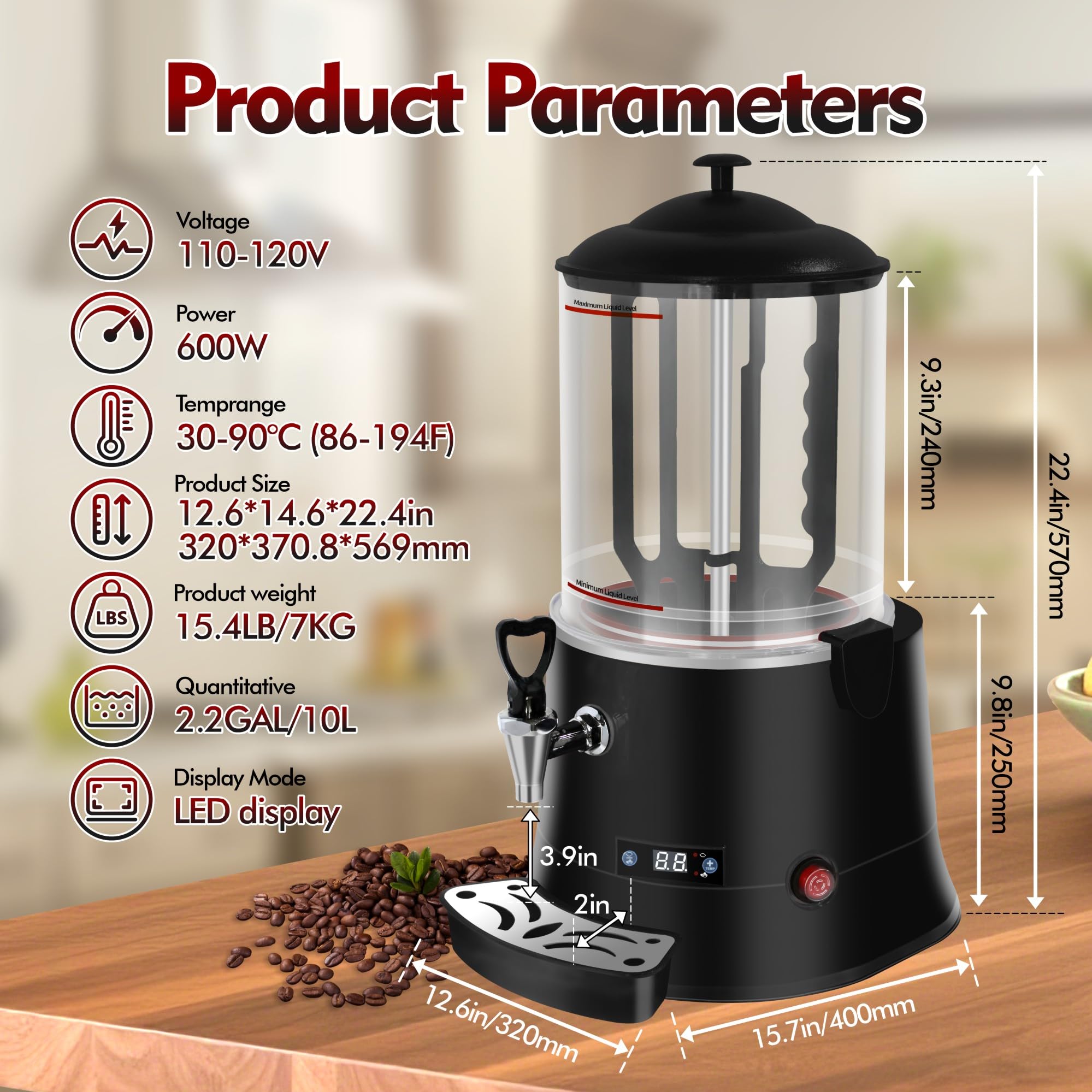 10L Gewerblicher Kakaospender Heiße Schokolade Maschine, 600W Heißgetränke-Wärmer mit Einstellbare Temperatur & LED Display & Transparentem Tank & Rührfunktion, Heißgetränkebereiter für Tee (Schwarz)