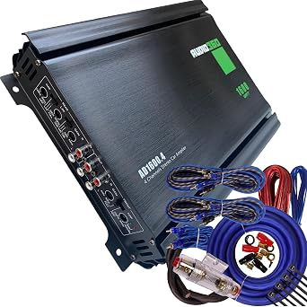 حزمة مضخم صوت السيارة Audio360 AD1600.4 ذات 4 قنوات، طاقة قصوى 1600 واط، تتضمن مجموعة أسلاك مضخم صوت مقاس 4، مضخم صوت مدمج من الفئة AB قابل للجسر مع صمامات مزدوجة 25 أمبير، 90 ديسيبل SNR