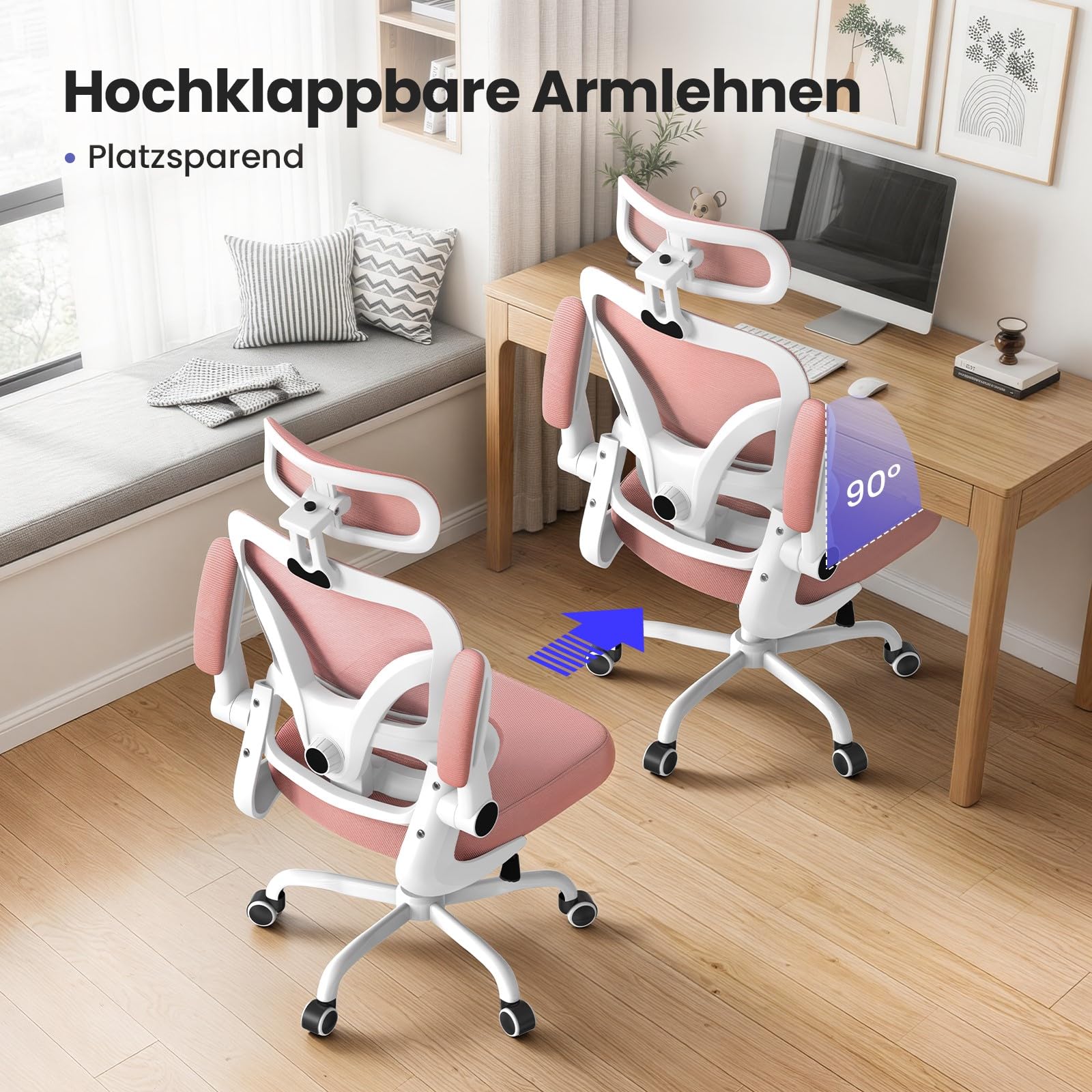 naspaluro Bürostuhl, Ergonomischer Schreibtischstuhl, 110kg, Rosa | Netzbespannung, 3D-Verstellbare Kopfstütze, Lendenwirbelstütze, 90°-Armlehne, Wippfunktion, für Home Office, Büro & Studenten