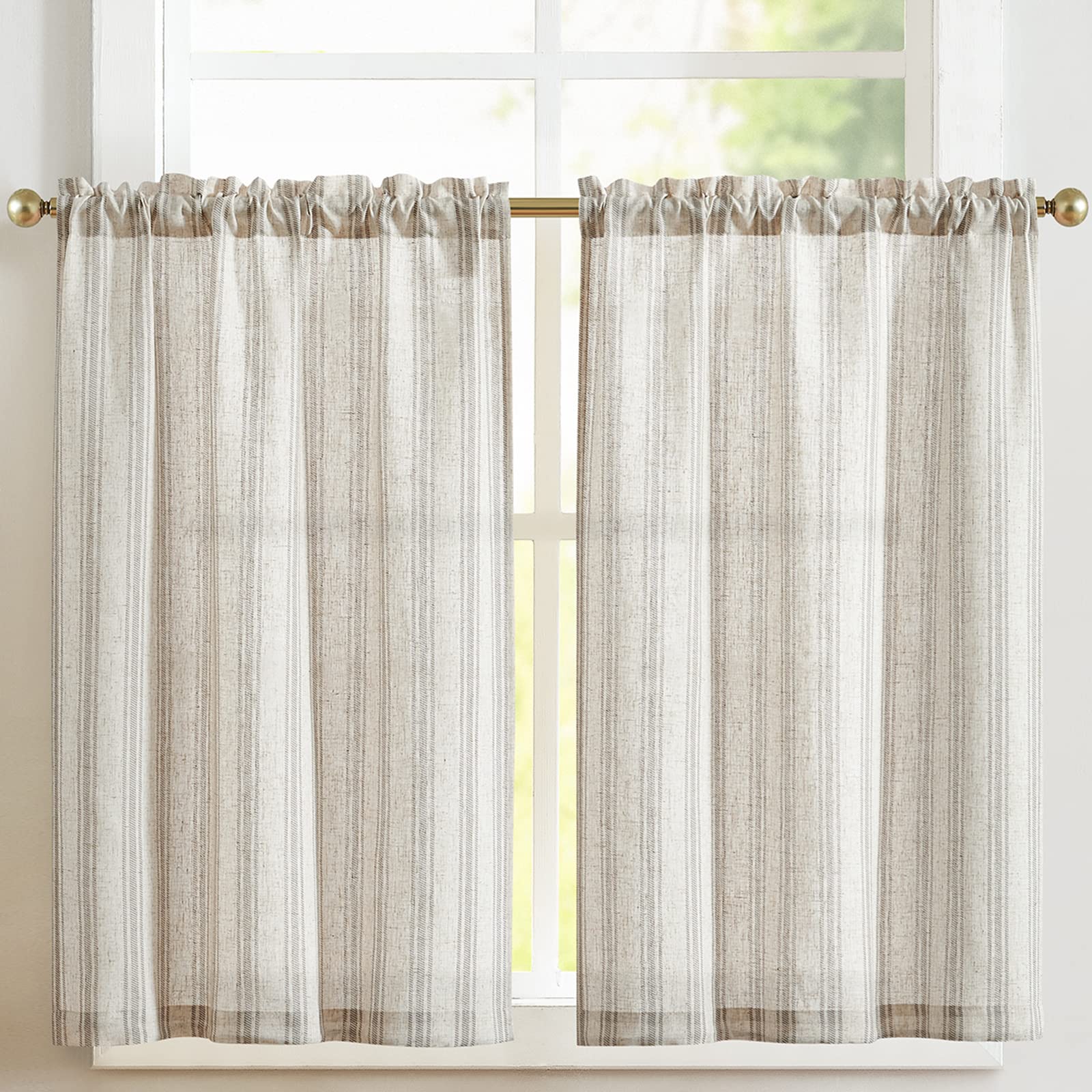 TOPICK Leinen Gestreifte Scheibengardinen Lichtdurchlässig Bistrogardine Sheer Vorhang Privatsphäre Fenstervorhang Gardine für kleine Fenster Küche Bad Wohnzimmer 2er Set 65Bx90H(cm) Grau auf Beige