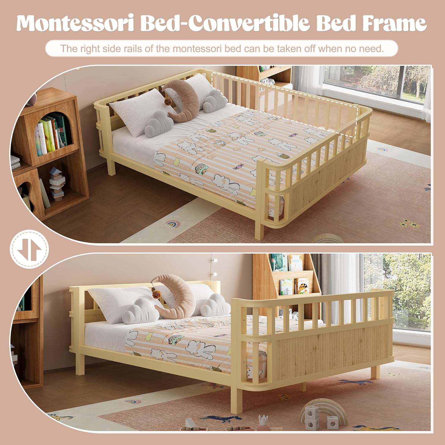 Bellemave Metal Full Size Montessori Bed with Fence and Slats, Full Size Low Platform Bed Frame with Detachable Side Bed Rails and Rounded Corner Design, Natural