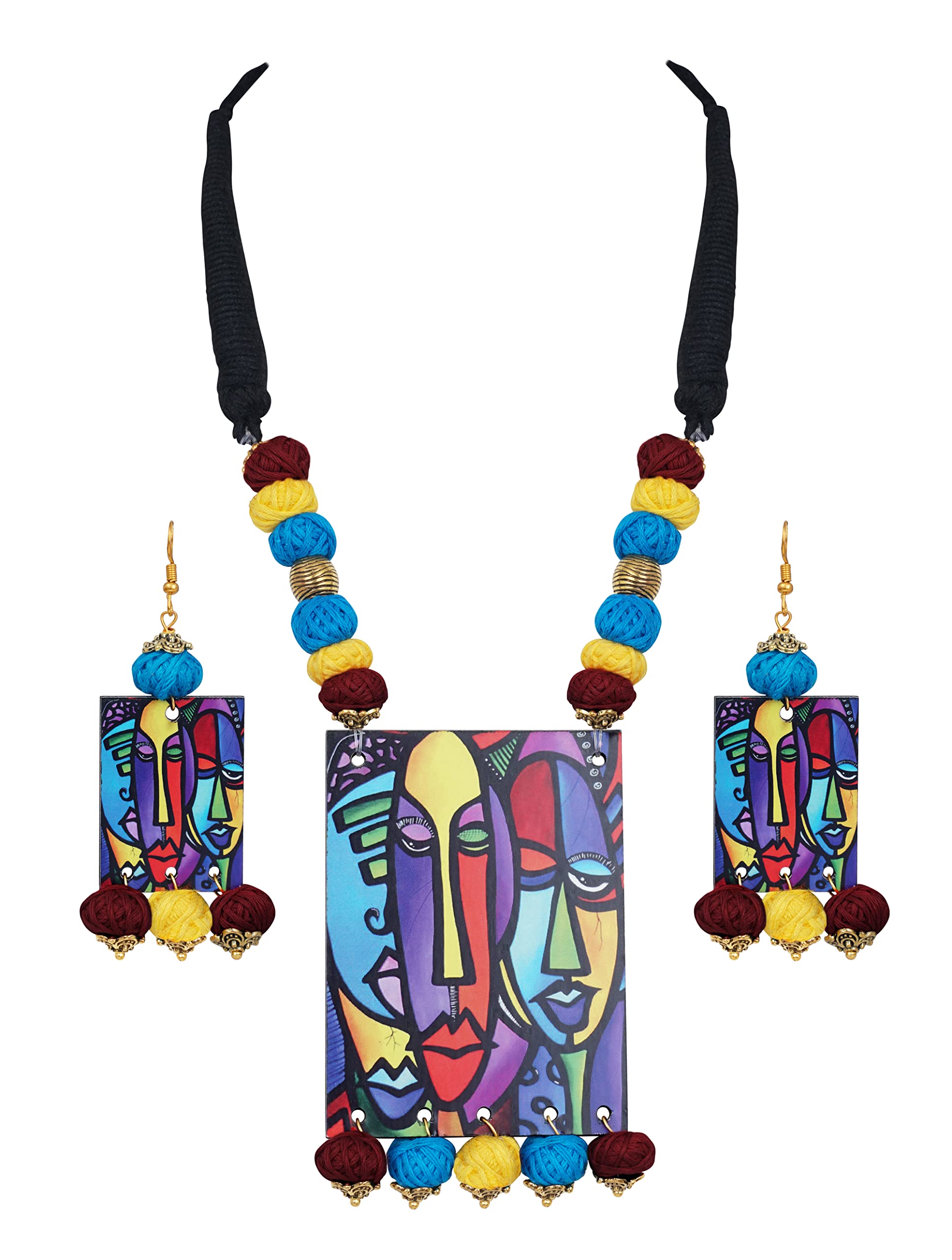 JFL - Jewellery for Less Womens Beautiful Modern Faces Handcrafted Adjustable closure Necklace set with Multicolor Cotton thread Bead & Digital Painting (B09N6PV1GW) Amazon Price History, Amazon Price Tracker