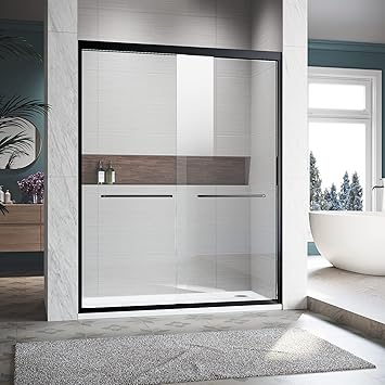 56-60 in.W x 72 in.H Semi Frameless Double Sliding Shower Door with Thick Clear Tempered Glass and 2 Towel Bars, Soft-Closing Doors w/Leak Proof Design & 3 Anti-Crash Angles, Matt Black