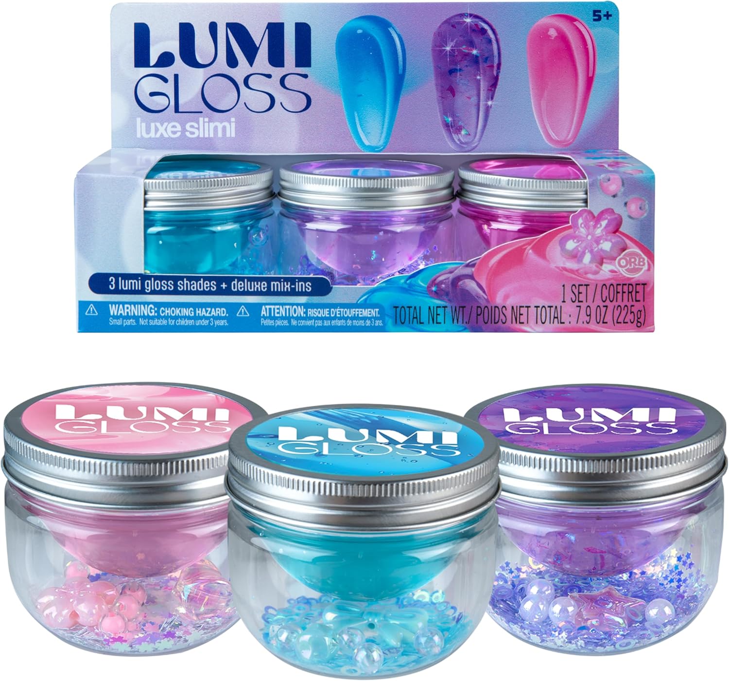 ORB Lumi Gloss Deluxe Slime Kit 3 Pack - Vibrant, Glossy, and Smooth Makeup Themed Slime for Kids with Mix - Ins - Rose Essence, Jasmine Glow, Blue Lapis Hydra - Fun Resealable Party Favors and Gifts