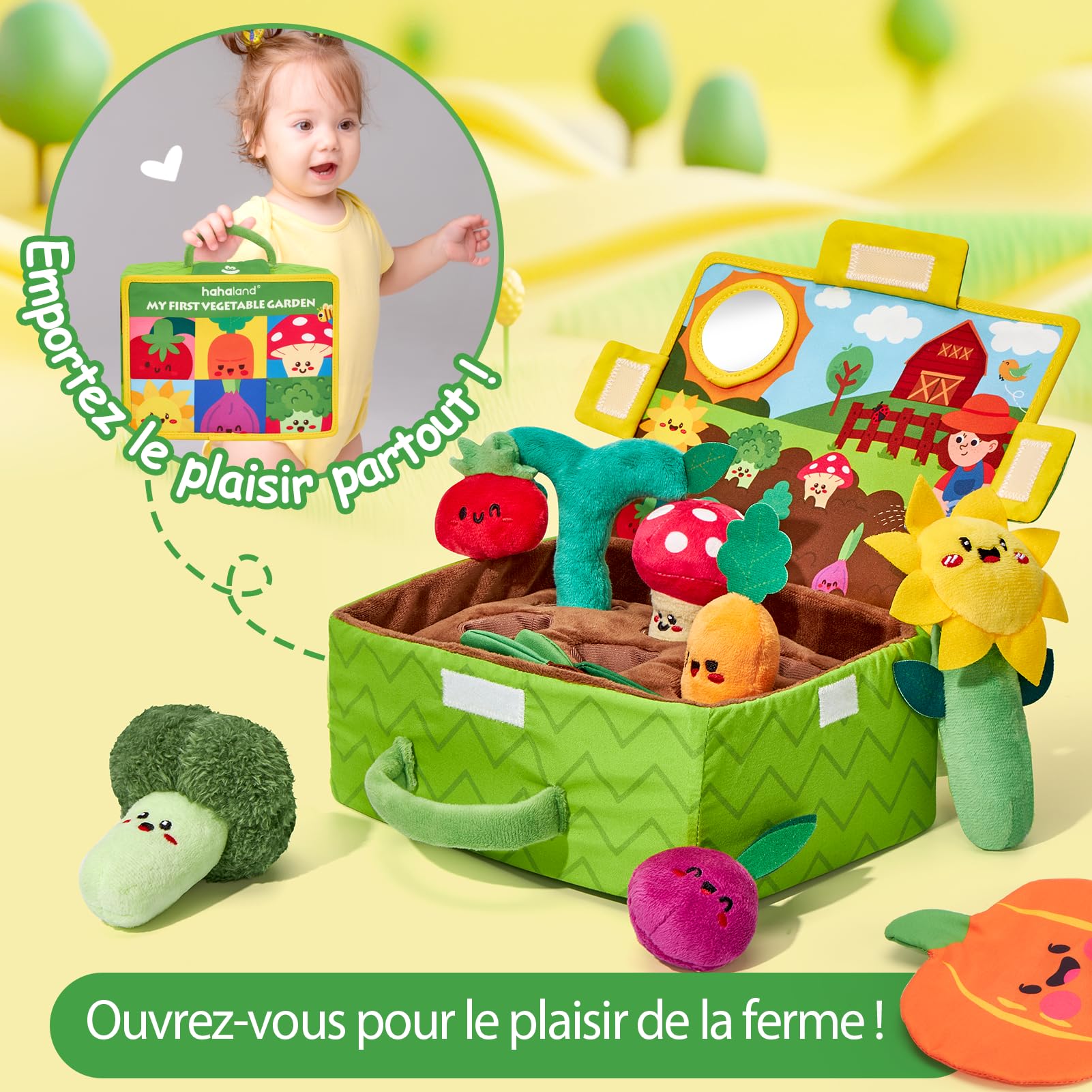 hahaland Jouet Bebe 6-12 Mois - Peluche Fruits légumes Plante | Jeux Potager Bebe 6 Mois avec Carotte, Fleur, Hochets, Miroir et Tissus Froissés - Cadeau Enfant 1 an
