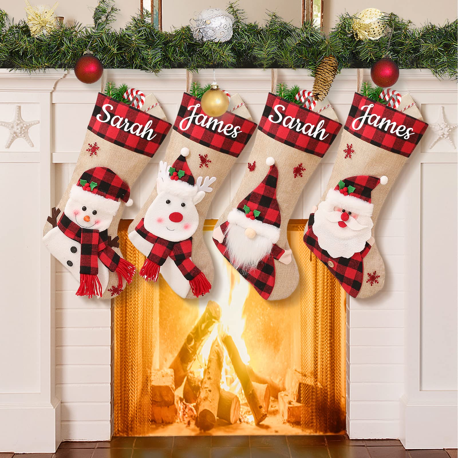 Personalisierte Weihnachtsstrümpfe Jute Große Weihnachtsstrümpfe 6Pack Rot und Schwarz Büffel Plaid Bulk für Weihnachtsbaum Dekorationen