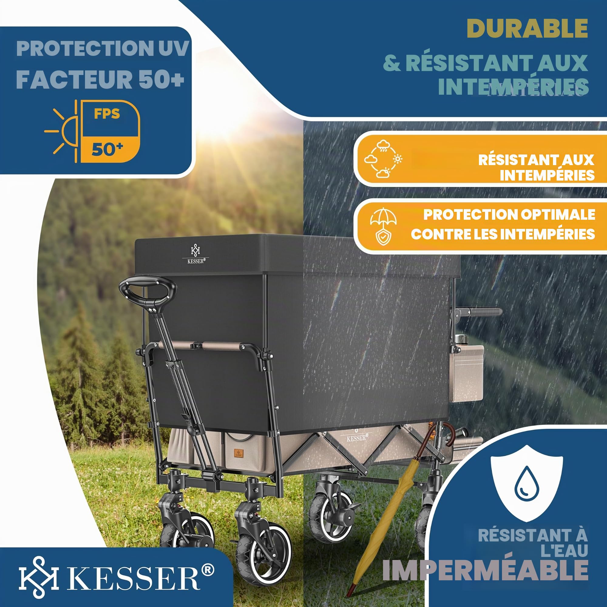 KESSER GTS-9100 Chariot de transport pliable avec toit Charge maximale 150 kg Avec roues en caoutchouc dur et freins de stationnement avant/arrière Avec serrure, couverture, intempéries et brise-vue