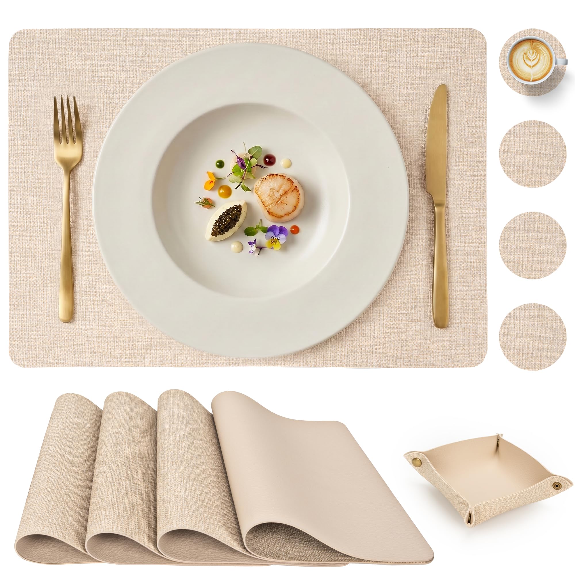 PROMATTOO Faux Leather Placemats Set of 4 with Coasters and Storage Tray, Linen Look Wipe Clean Table Mats, Water and Heat Resistant, Non Slip for Kitchen and Dining Table, 43 x 30 cm