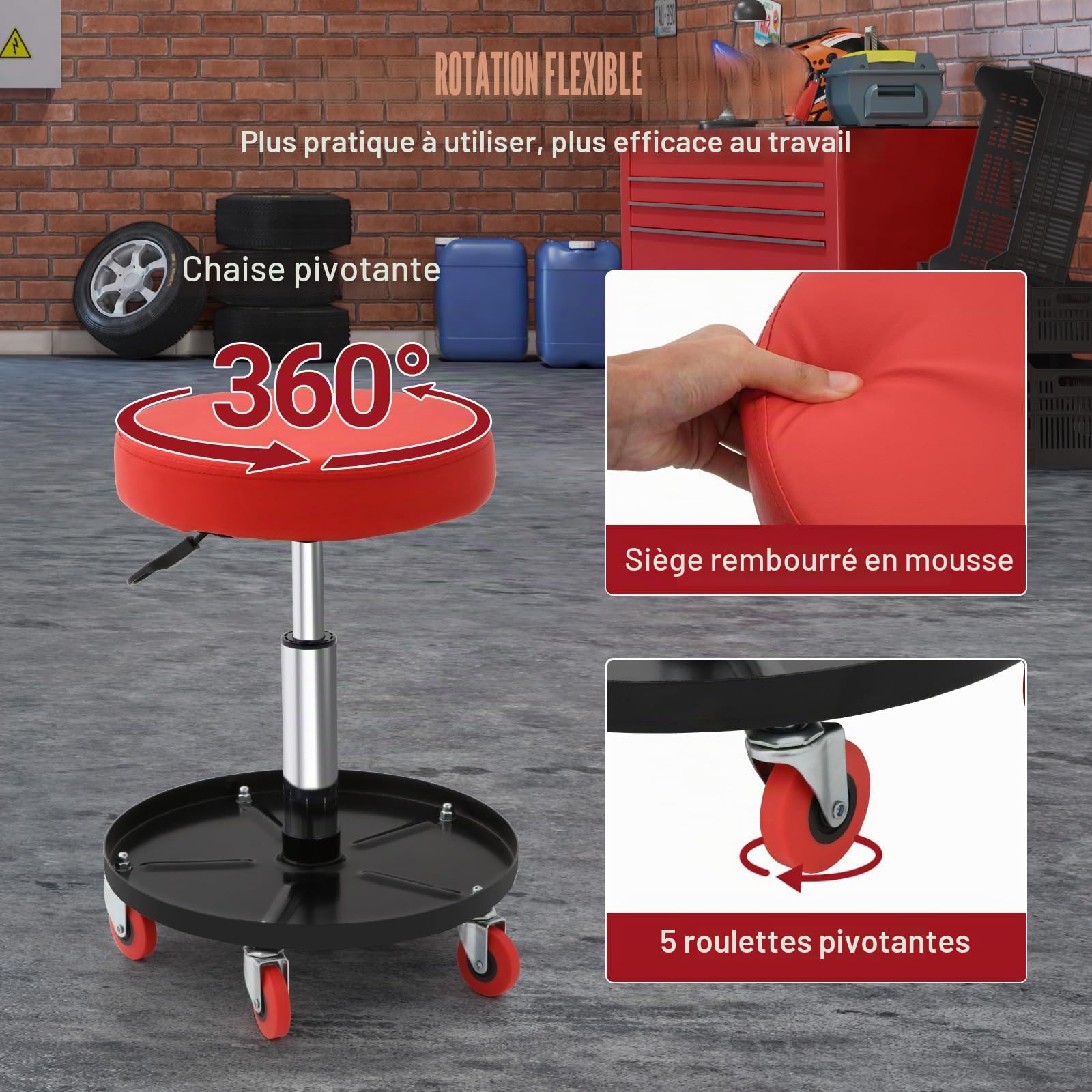 Tabouret d'Atelier Mobile Charge, Tabouret de Mécanicien à Roulettes Lisses Siège d'Atelier Hauteur Réglable avec Plateau à Outils Cadre Robuste Assis our Entretien Réparation Automobile Garage