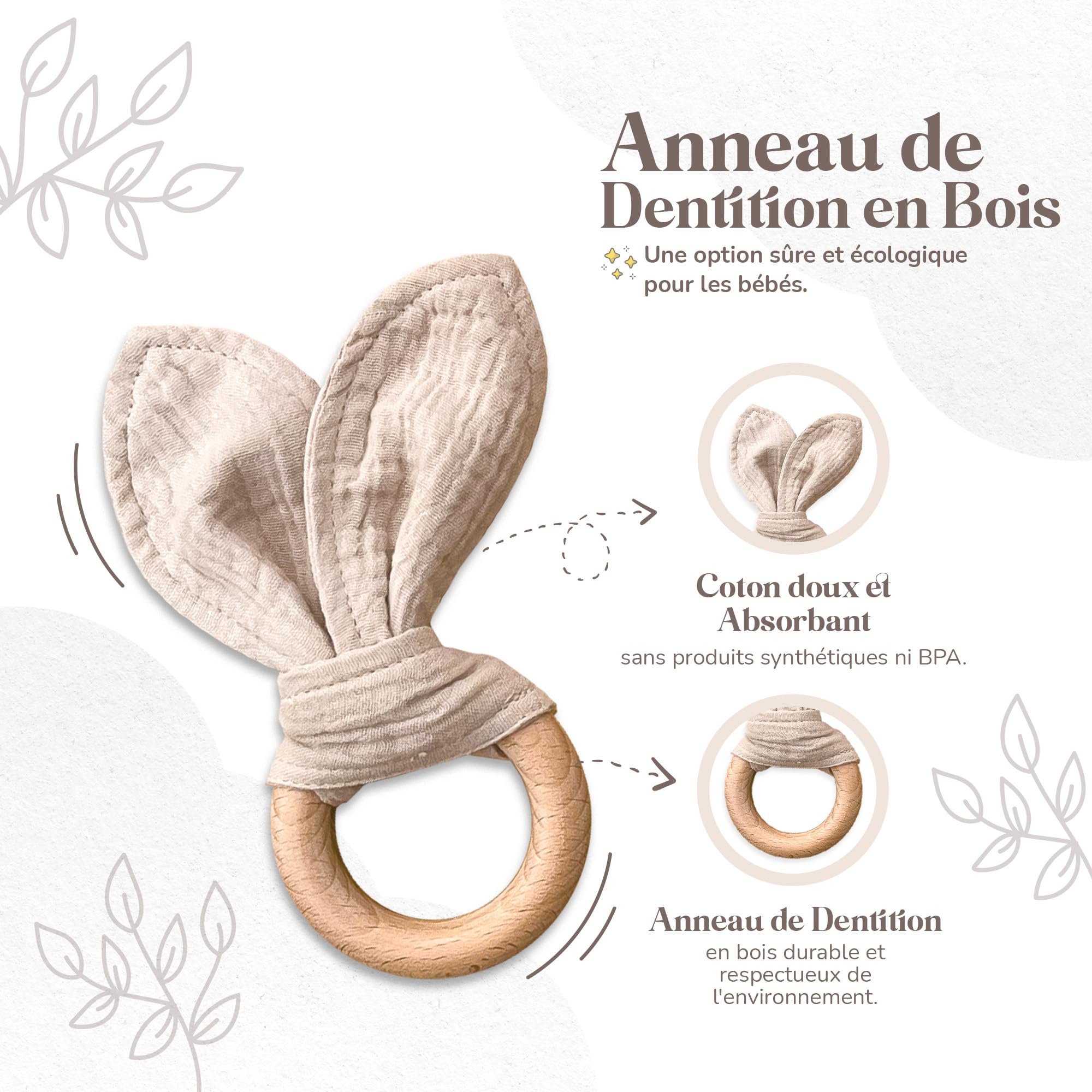 Mikito Coffret Cadeau Naissance Bébé Doudou Lapin, Bavoir Bandana, Mordedor Bois 100% Coton Bio Certifié Oeko-TEX et GOTS