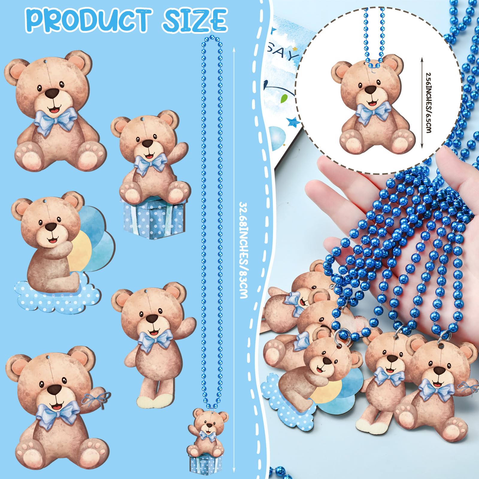 51-teiliges "Don't Say Baby Shower"-Spielzubehör, cooles Babyparty-Spiel, inklusive Babyparty-Schild und 50 Baby-Halsketten, Holzketten, Babyparty für Jungen und Mädchen, Party-Dekoration (blauer Bär)