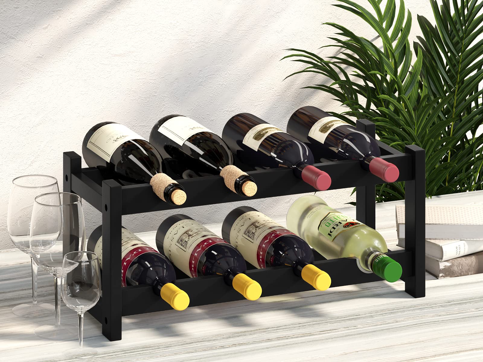 BAMEOS Wine Rack Free Standing 8 Bottle 2 Tier Bamboo Wine Racks Countertop Cabinet Wine Holder Wine Storage Shelf for Kitchen, Bar, Pantry, Wine Cellar, Countertop Black (16.85 L x 9.25W x 7H)