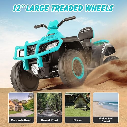 Miniatura 9 de ELEMARA ATV para niños de 2 plazas, vehículo eléctrico de 4 ruedas con batería de 10 AH, 4 mph, 2 puertos de carga, Bluetooth, faros LED, música,