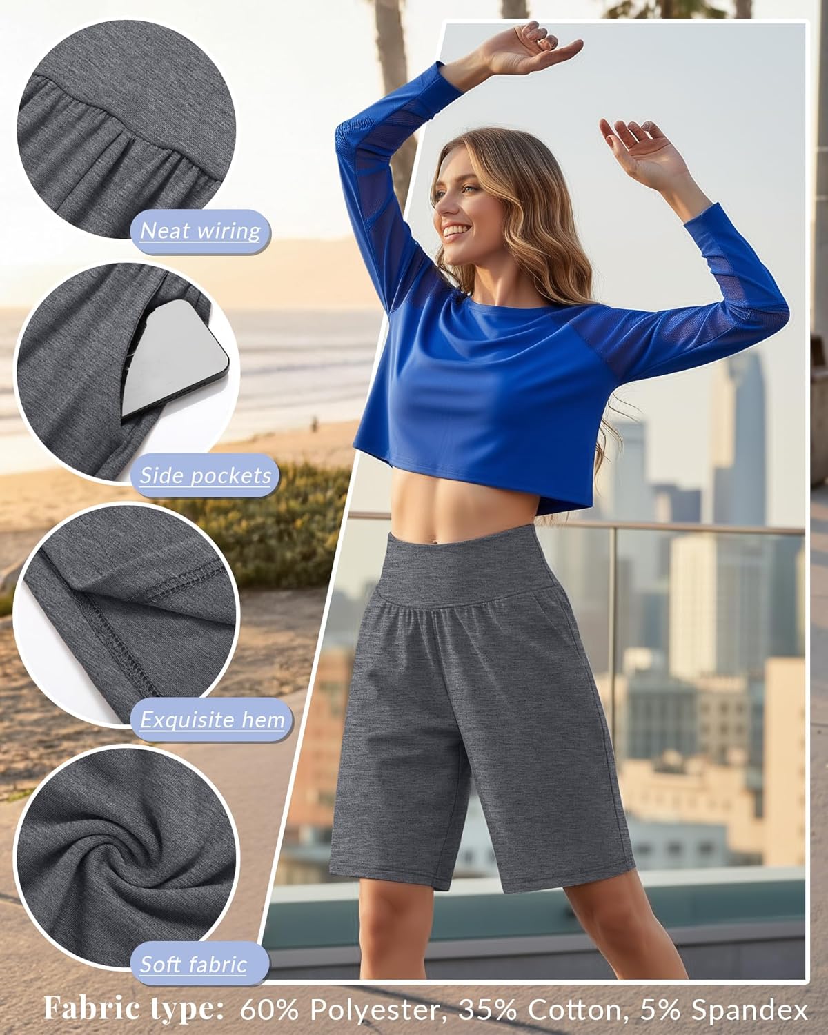 Neer 3 Pack Women's Bermuda Shorts, High Waist Cotton Stretch Casual Bottoms Knee Length Summer Athletic Short with Pockets(Black, Light Mixed Gray, Dark Mixed Gray,Small) - Image 3