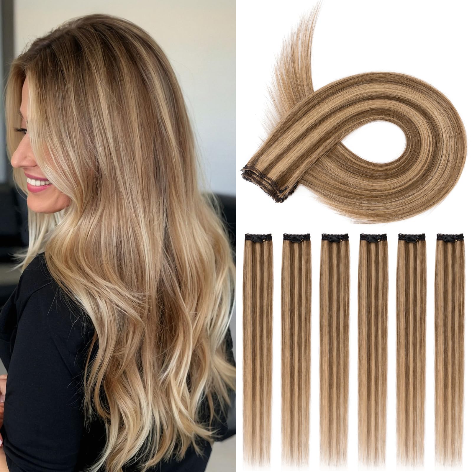 TESS Clip in Hair Extensions 100% Real Human Hair 6PCS 6Clips Straight Weft Multiple Uses Add Hair Volume and Highlights for Women UK