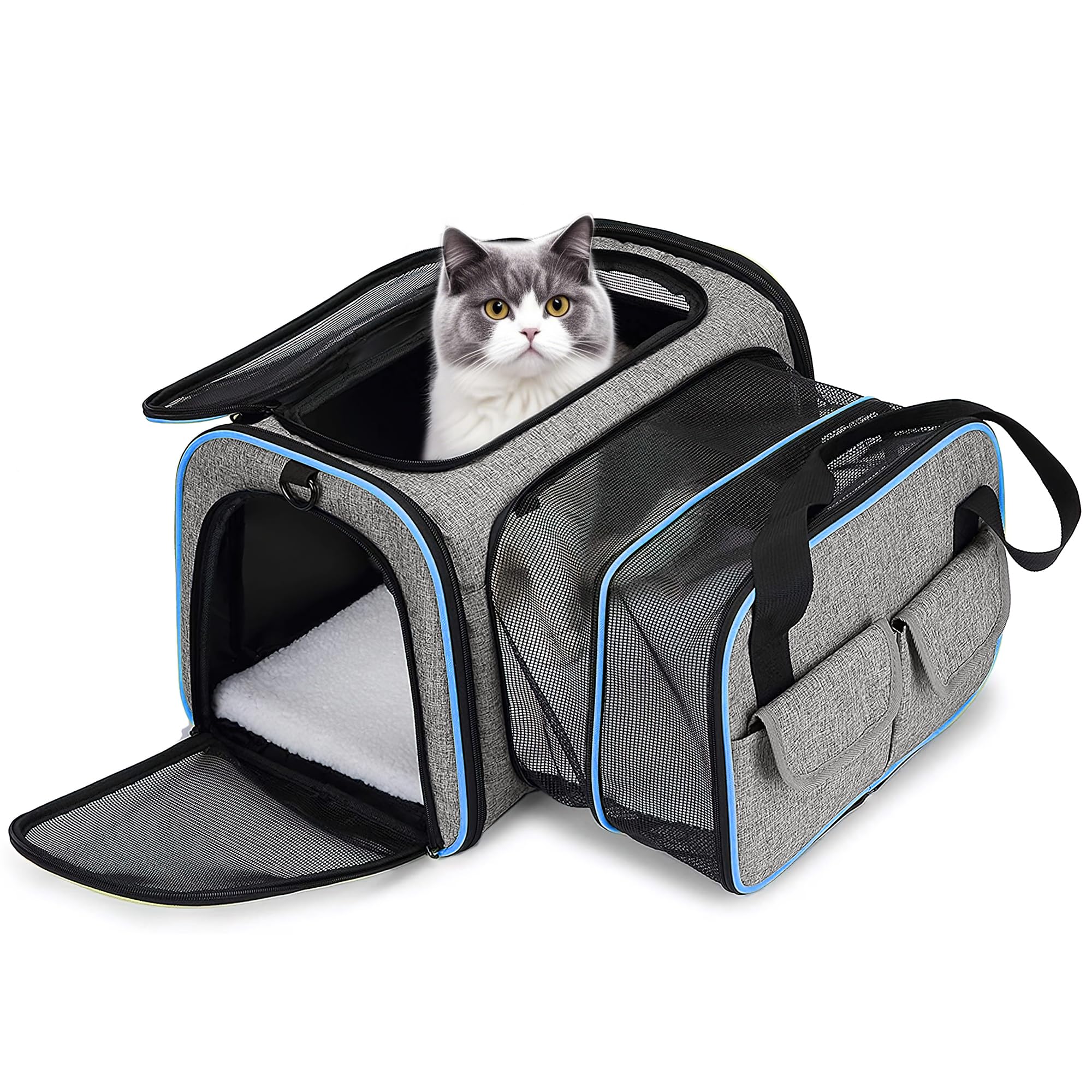 ALLSOPETS Foldable Cat Dog Carrier Bag Expandable Breathable Soft Sided Pet Carrier with Removable Fleece Pad and Pockets Pet Travel Carrier for Small Medium Dogs Cats Puppy (Gray, L)