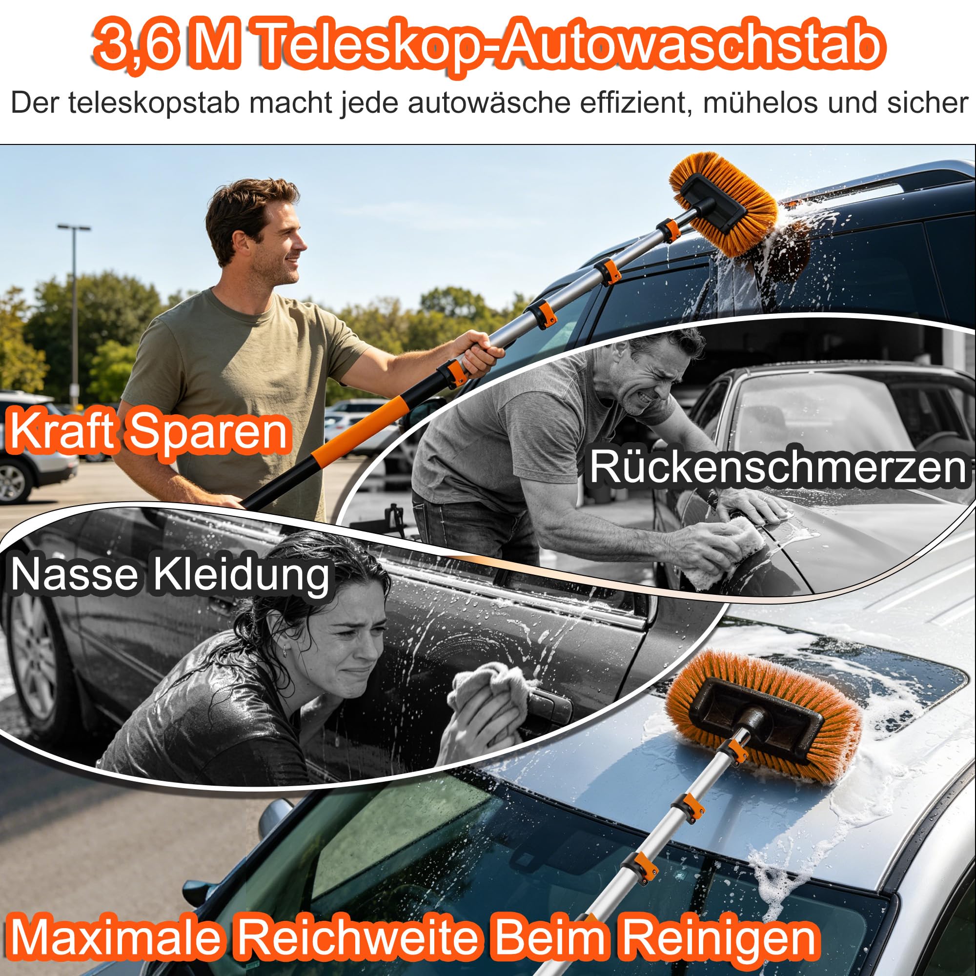 Autowaschbürste mit 5,5 m Reichweite & langem Stab, Autowasch-Set mit 1,2–3,6 m Teleskopstab, Radbürste, Mikrofaser-Wischmopp, Waschhandschuh, Fensterabzieher für PKW, Wohnmobile, LKW & SUV