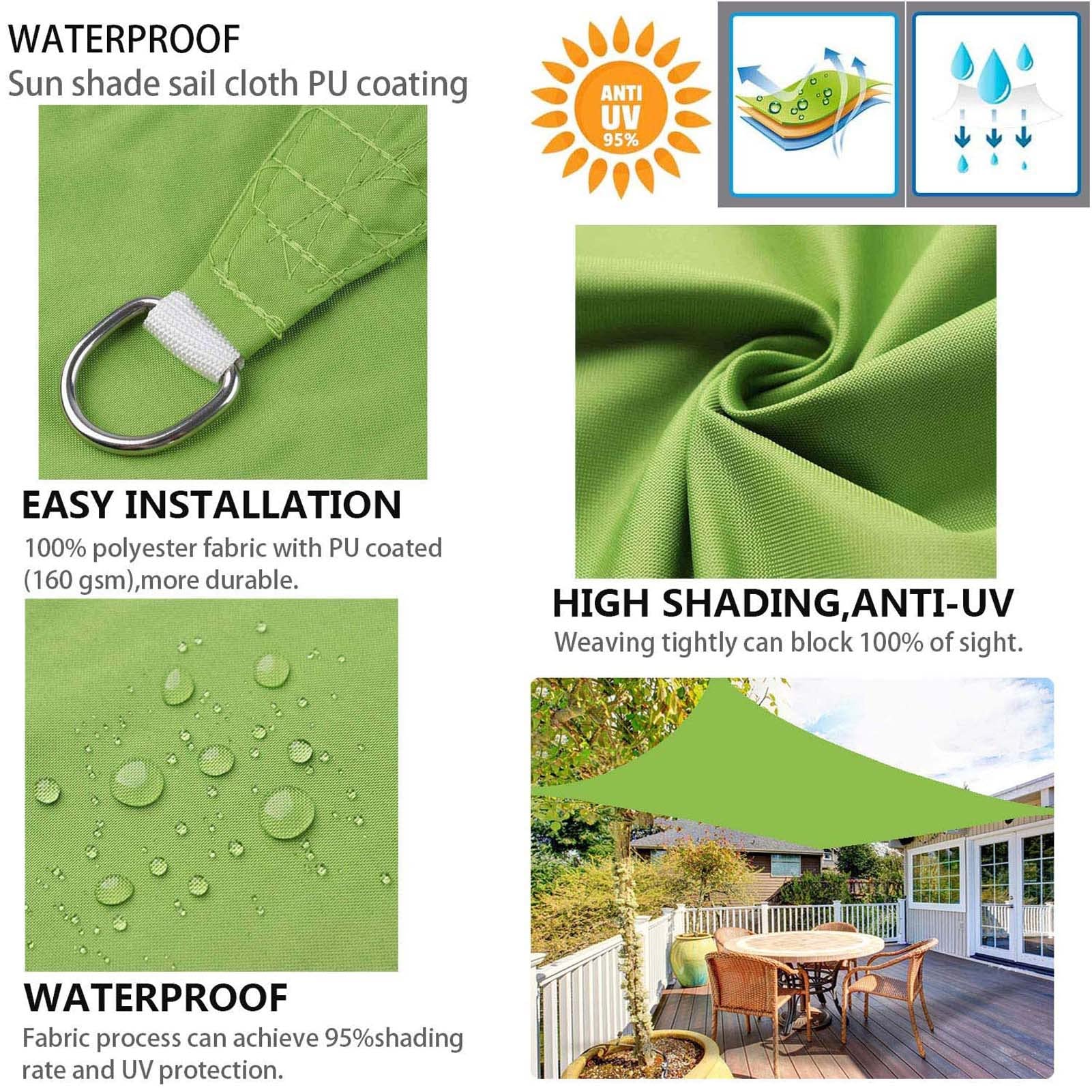Zonnezeil, waterdicht, rechthoekig, 1 x 2 m, zonwering, terras, uv- bescherming, weerbestendig, zonder boren, 100% polyester, schaduwnet met inslagringen en touw, voor pergola, zandkleur