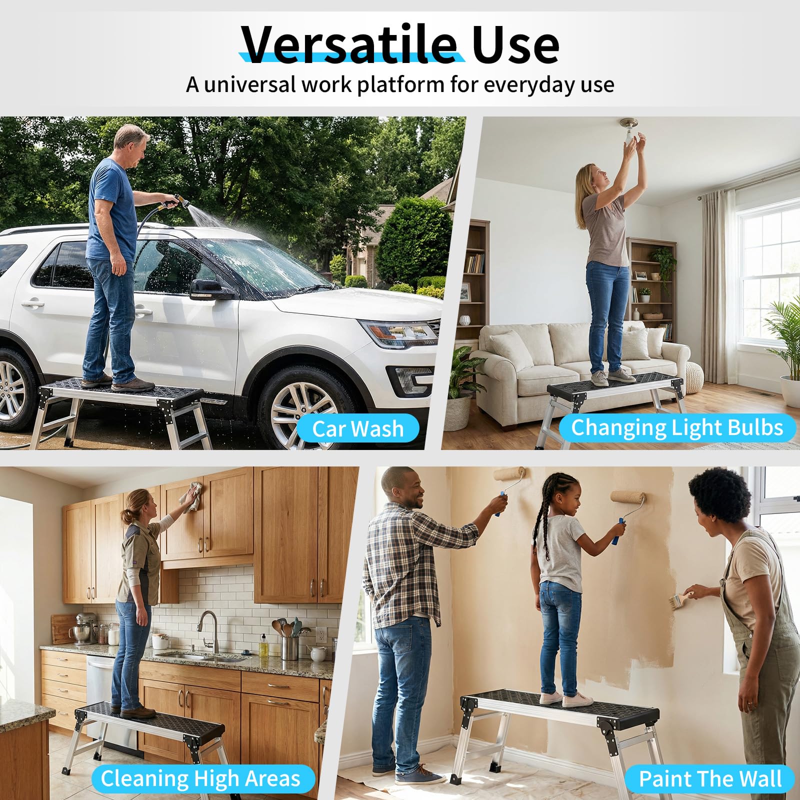 Johgee Plataforma de trabajo plegable, plataforma de trabajo de aluminio plegable con pies antideslizantes, taburete plegable con cierres de seguridad para limpieza de coches, trabajos de pintura
