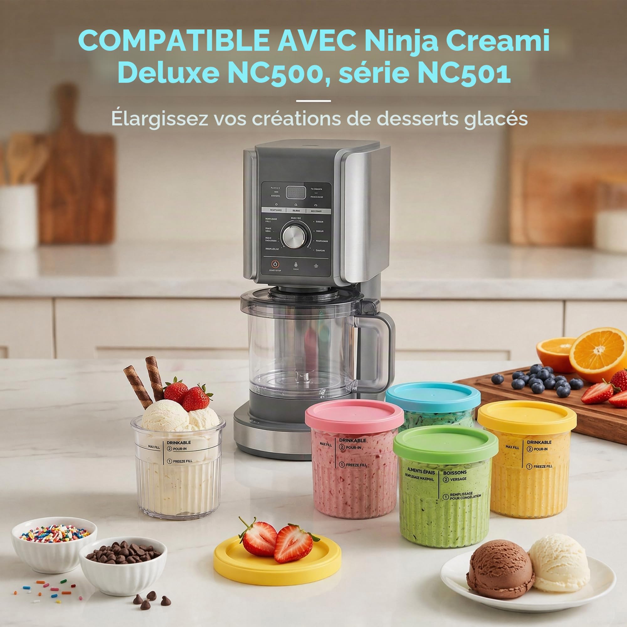 Set de 4 récipients pour Ninja CREAMi Deluxe, pintes de crème glacée de 24oz avec couvercles colorés, incluant 4 mini-cuillères et cuillère à glace en acier inoxydable, accessoire sans BPA et lavable