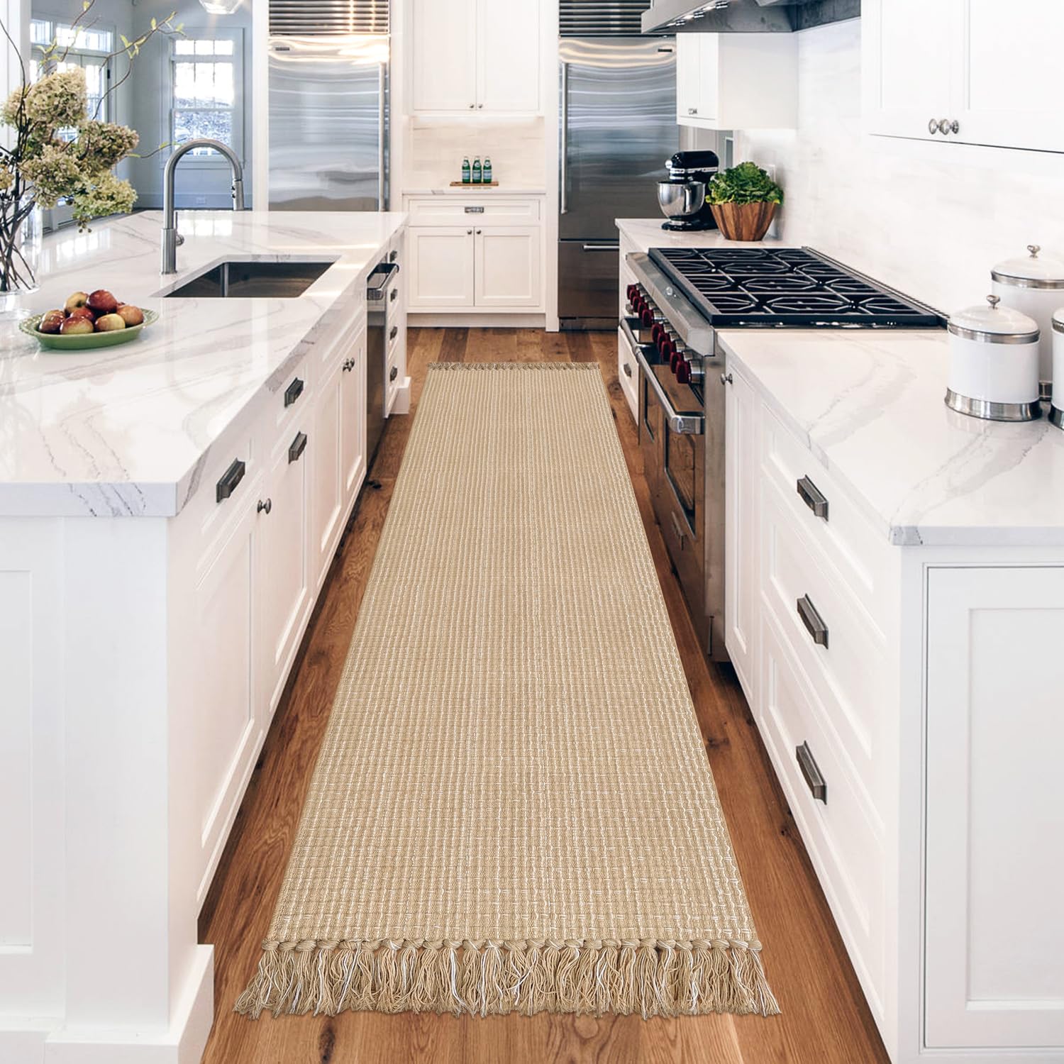 Fixseed Runner Rug Kitchen Outdoor Rug 2'x8' Beige Rugs Cotton Washable Rug, Neutral Bathroom Rug with Tassels Indoor Area Rug for Sink Living Room Laundry Room Farmhouse Front Porch Mat Carpet