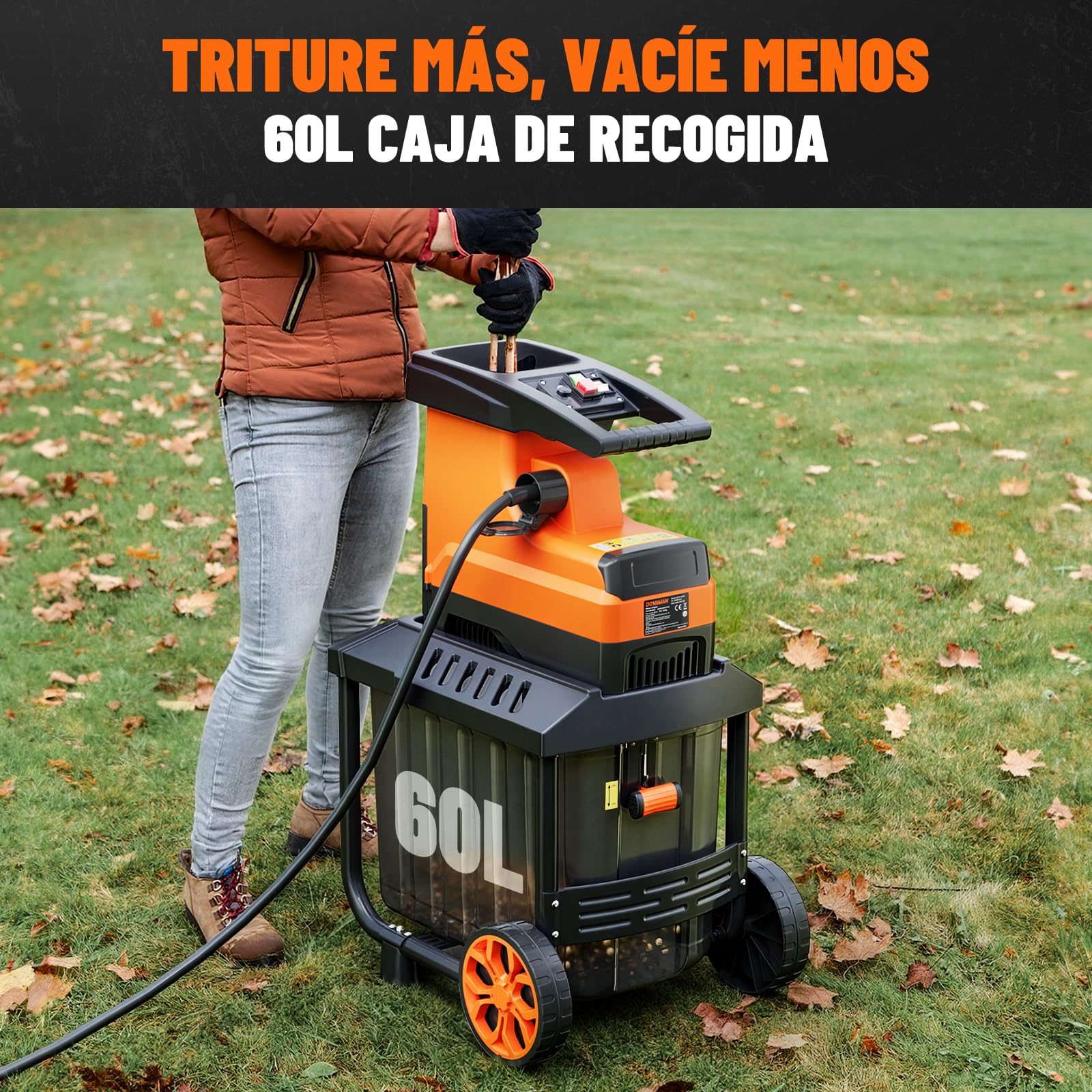 DOVAMAN GT10 APEX Trituradora de Ramas, 2800W con Motor Brushless, Silenciosa, Hasta 45mm, Contenedor de 60L, Rodillo de 6 Dientes Ajustable, Protección contra Sobrecarga