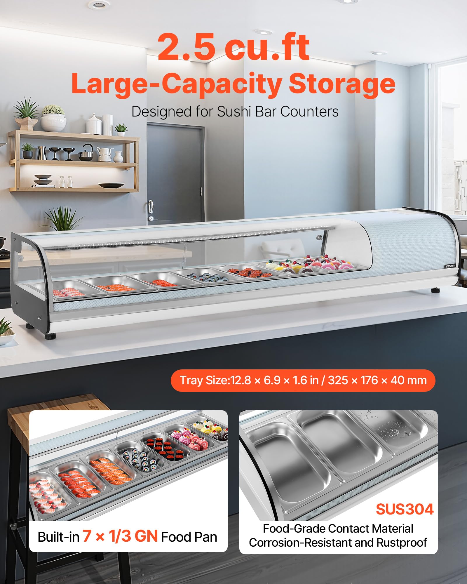 VEVOR Vetrina Refrigerata per Sushi Commerciale da 72 L, 7 Teglie con Vetro Curvo, Illuminazione a LED e Controllo Digitale della Temperatura, Frigorifero per Bancone Ristorante Negozio