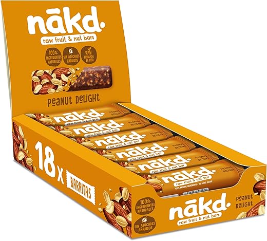 Nākd. Peanut Delight - Barritas Raw de Fruta y Frutos Secos - 100% Ingredientes Naturales - Sin Azúcar Añadido - 18 x 35g