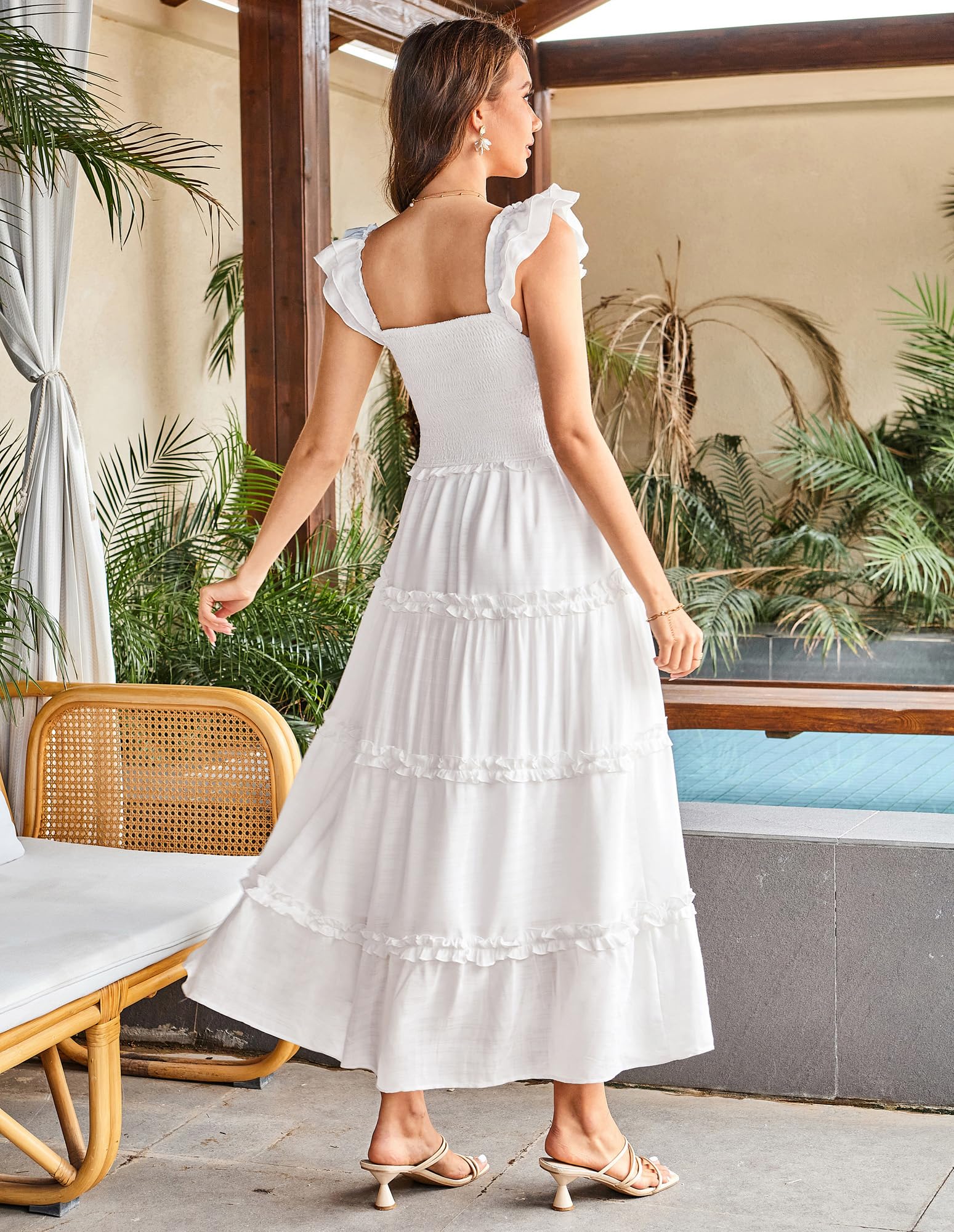 GRACE KARIN Robe Longue Femme Été Col Carré Taille Élastique Froncée Volantée Ligne A Décontractée Plissée Confortable Chic