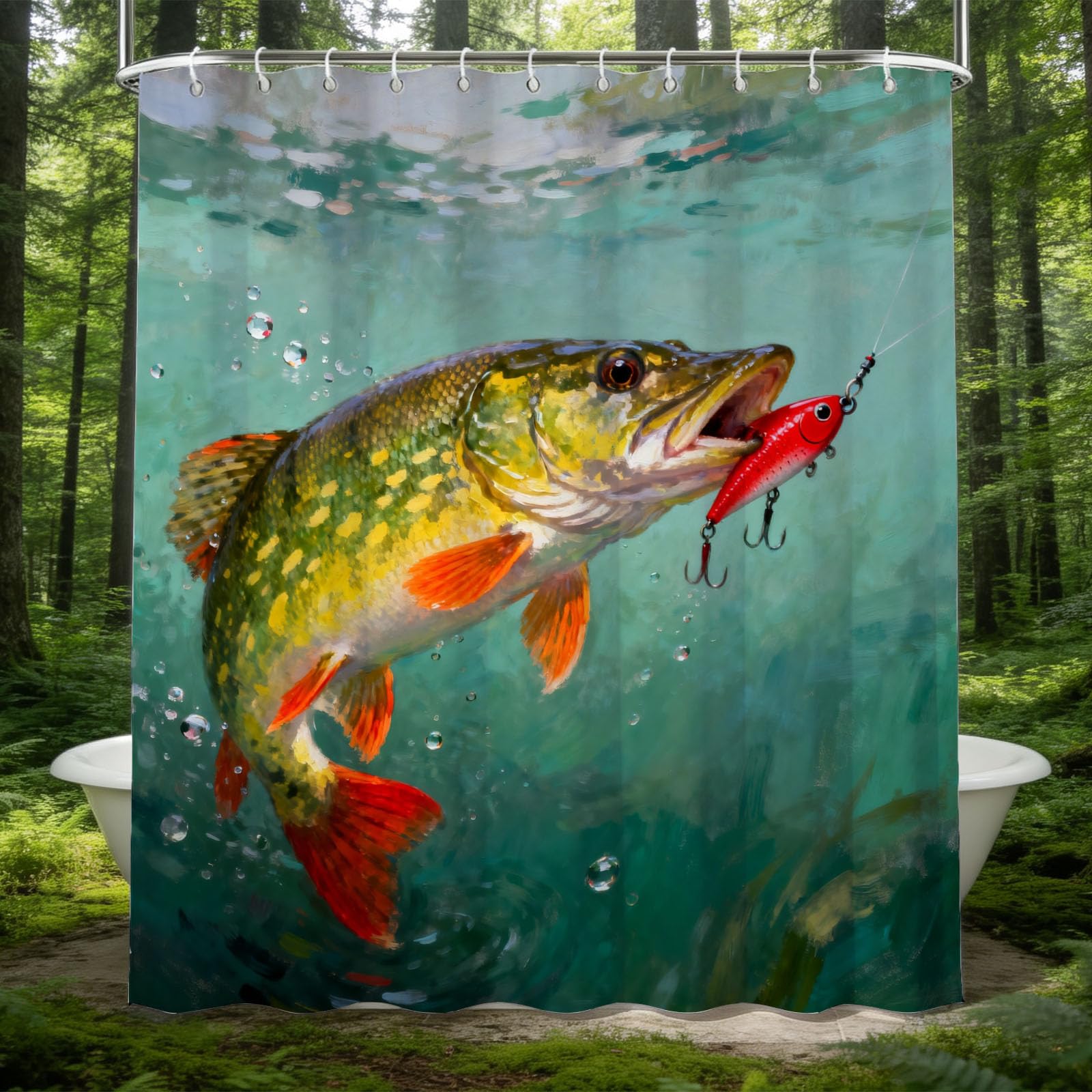 Hongduo 3D Fishing Shower Curtain for Stalls Bathtubs Fish Bathroom Decor Shower Curtain Set Polyester Fabric Waterproof 180x200cm/71X79 Inch with Hooks