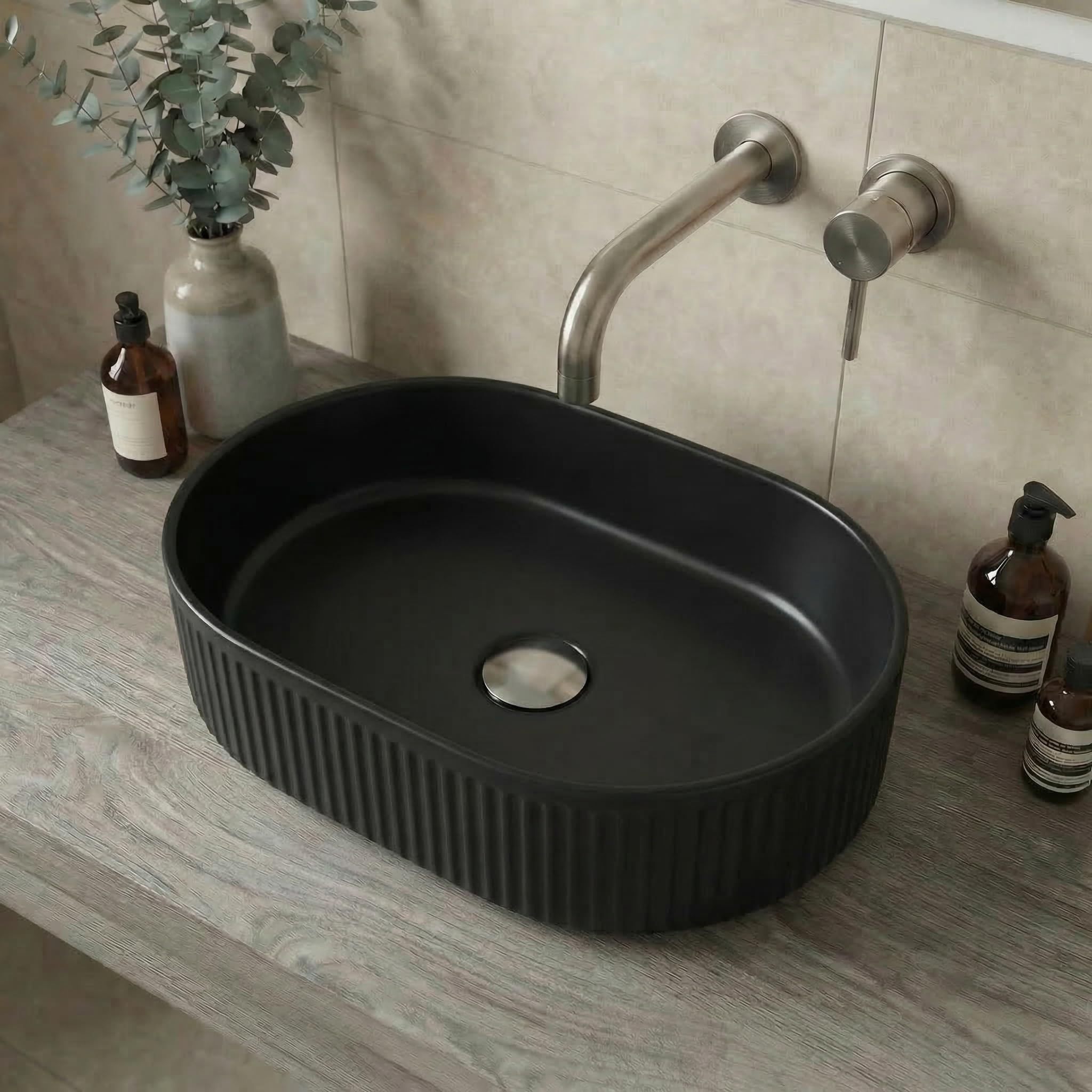 Baystone Matt Black Baystone® Fluted Countertop Basin For Bathroom And Cloakroom Hand Wash Basins Sink Modern Oval, 573 X 358Mm