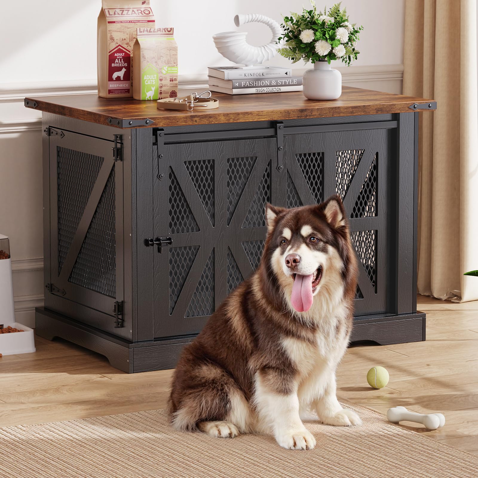 Hundekäfig Möbel, 100 cm Holzhundebox, Dreitüriger Hundekäfig, Schiebetüren, Modernes Hundezimmer für den Innenbereich, für Kleine und Mittelgroße Hunde, Verstärkte Konstruktion, 100x65x67cm, Schwarz