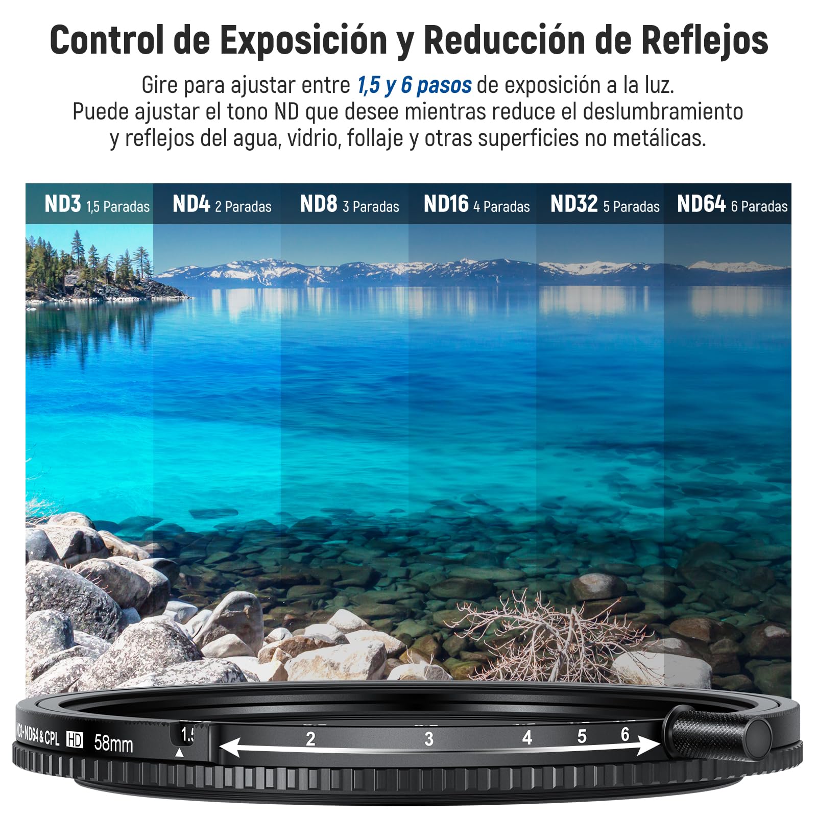 NEEWER Filtro ND y CPL Variable de 58 mm con Putter, ND3-64 (1.5-6 Paradas), 2 en 1 de Densidad Neutra Limitada Ajustable y Filtro CPL, Vidrio óptico HD Multicapa, Marco de Aluminio, Resistente a los