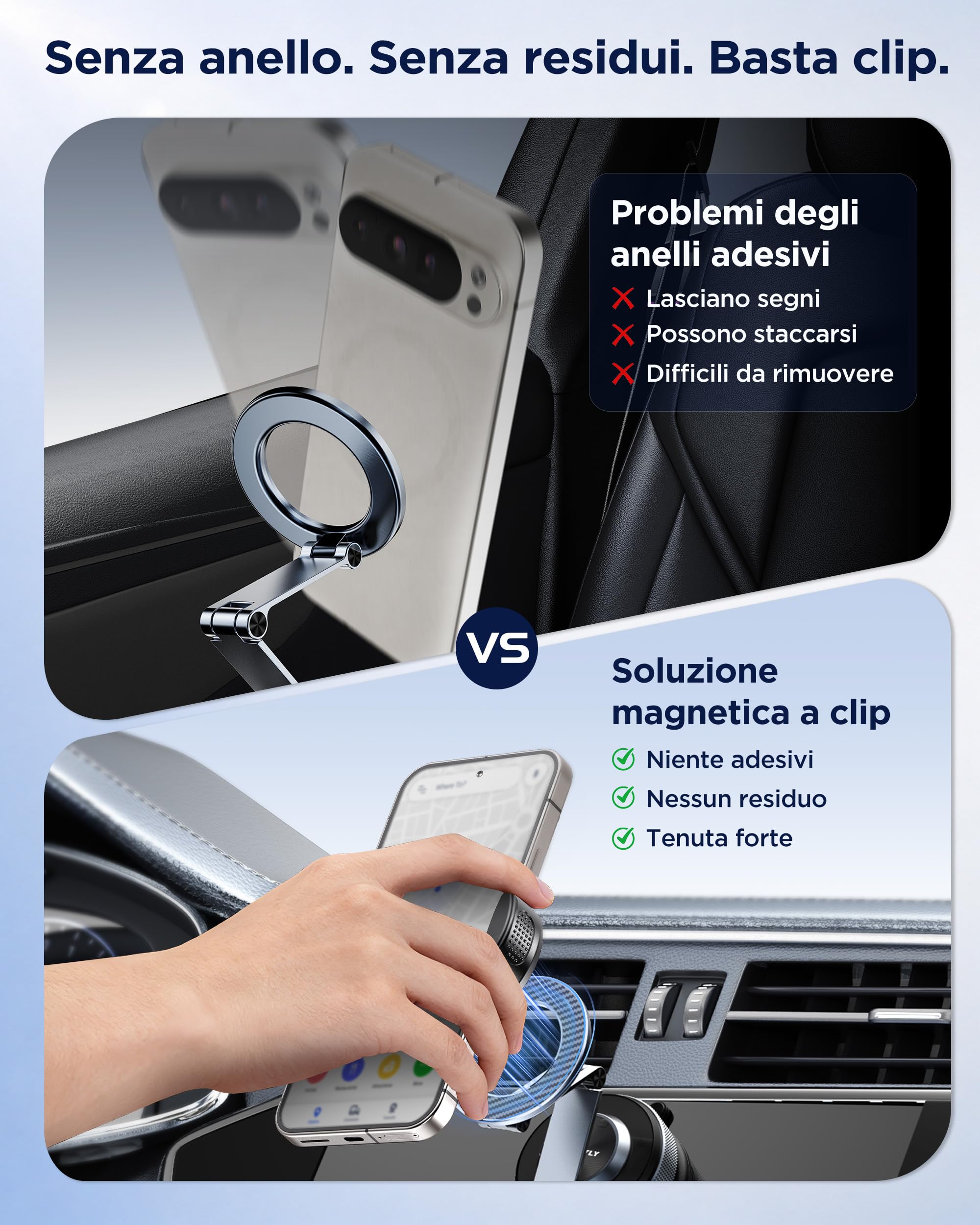MSXTTLY Supporto Magnetico Auto con Clip Adattatore, Vmag-S3 Braccio Lungo + Clip, Senza MagSafe, Senza Anello, Posizione Flessibile, per iPhone e Android