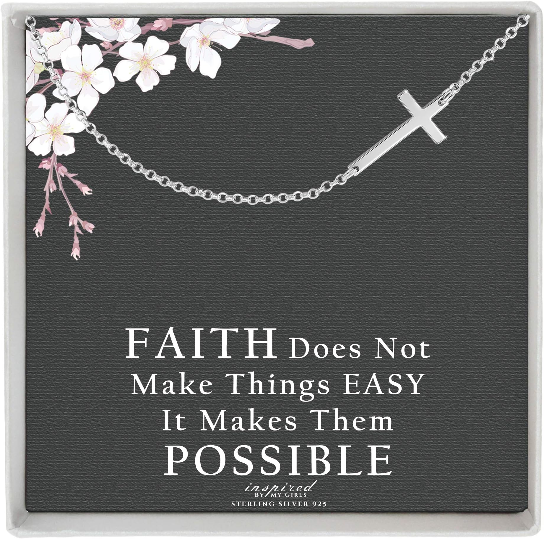 Inspired By My GirlsSterling Silver Sideways Cross Necklace with Adjustable Rolo Chain and Faith Keepsake Card Gift For Women
