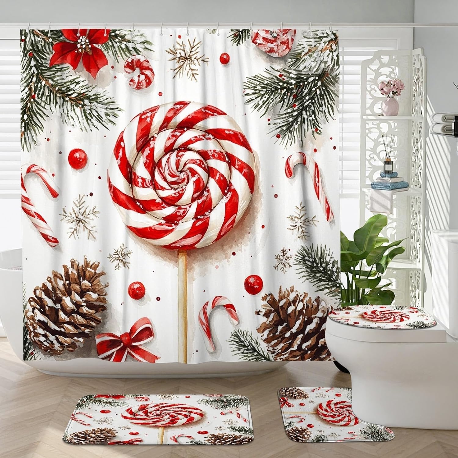 4PCS Farmhouse Christmas Candy Bathroom Sets, Bath with Non-Slip Rug, U Shape Toilet Lid Cover Mat, Country Farm Xmas Bathroom Decor-72''x72''