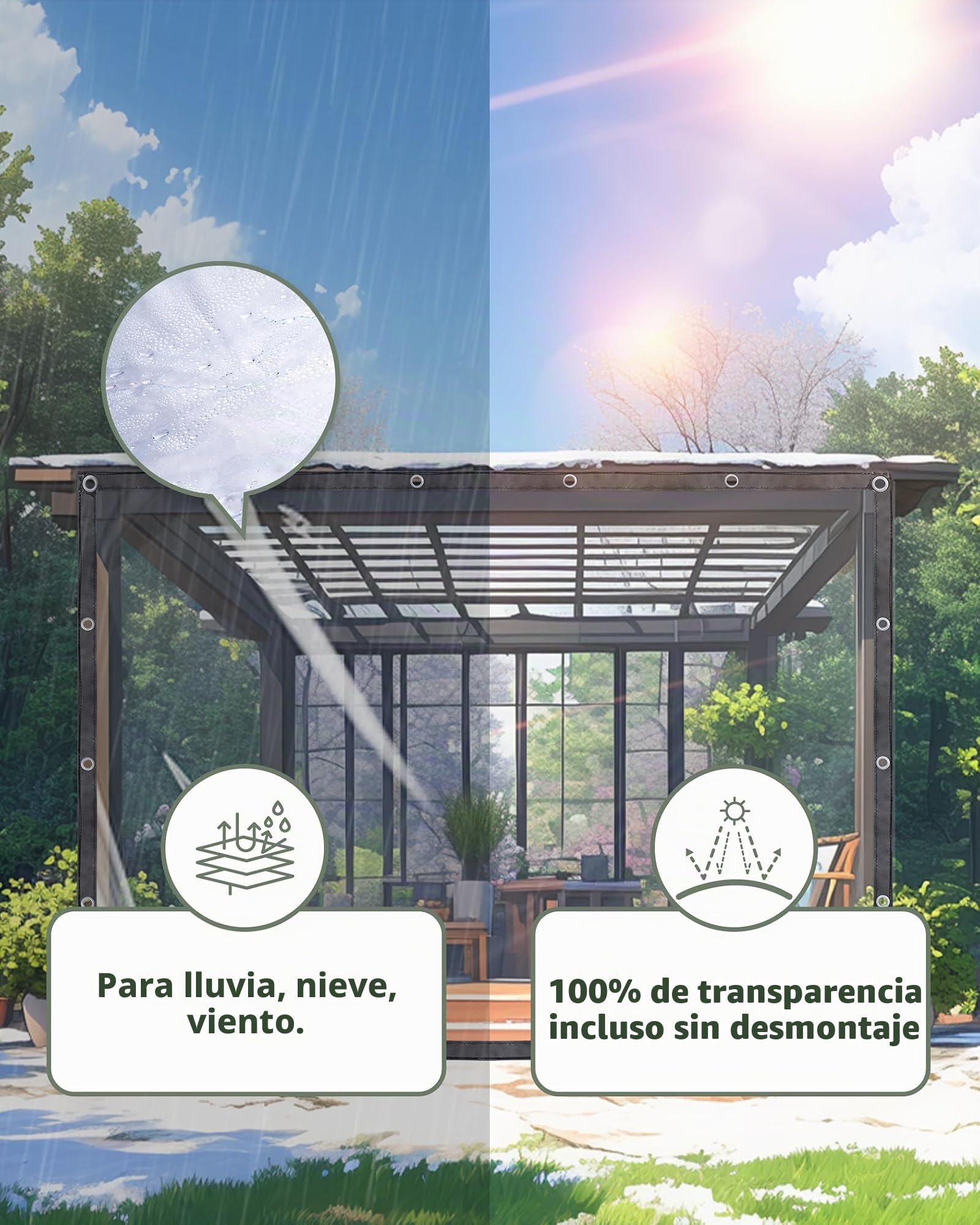 Lona transparente con ojales, 4 x 6 m, 420 g/m², lona protectora impermeable como protección contra la lluvia, el viento y el polvo, para exteriores con cuerda y bridas