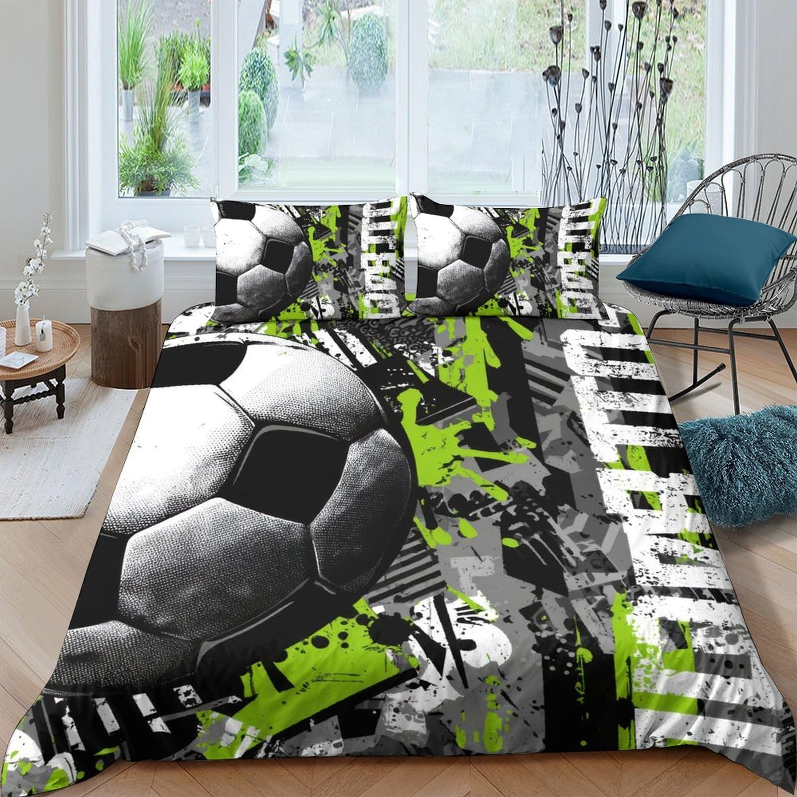 Ctjqhvkz Style-3 3D Printed Football Graffiti Fitted Sheet Microfiber Soft Black Green Soccer Bed Cover For Bedroom Dorm Decor Single（135X200cm）