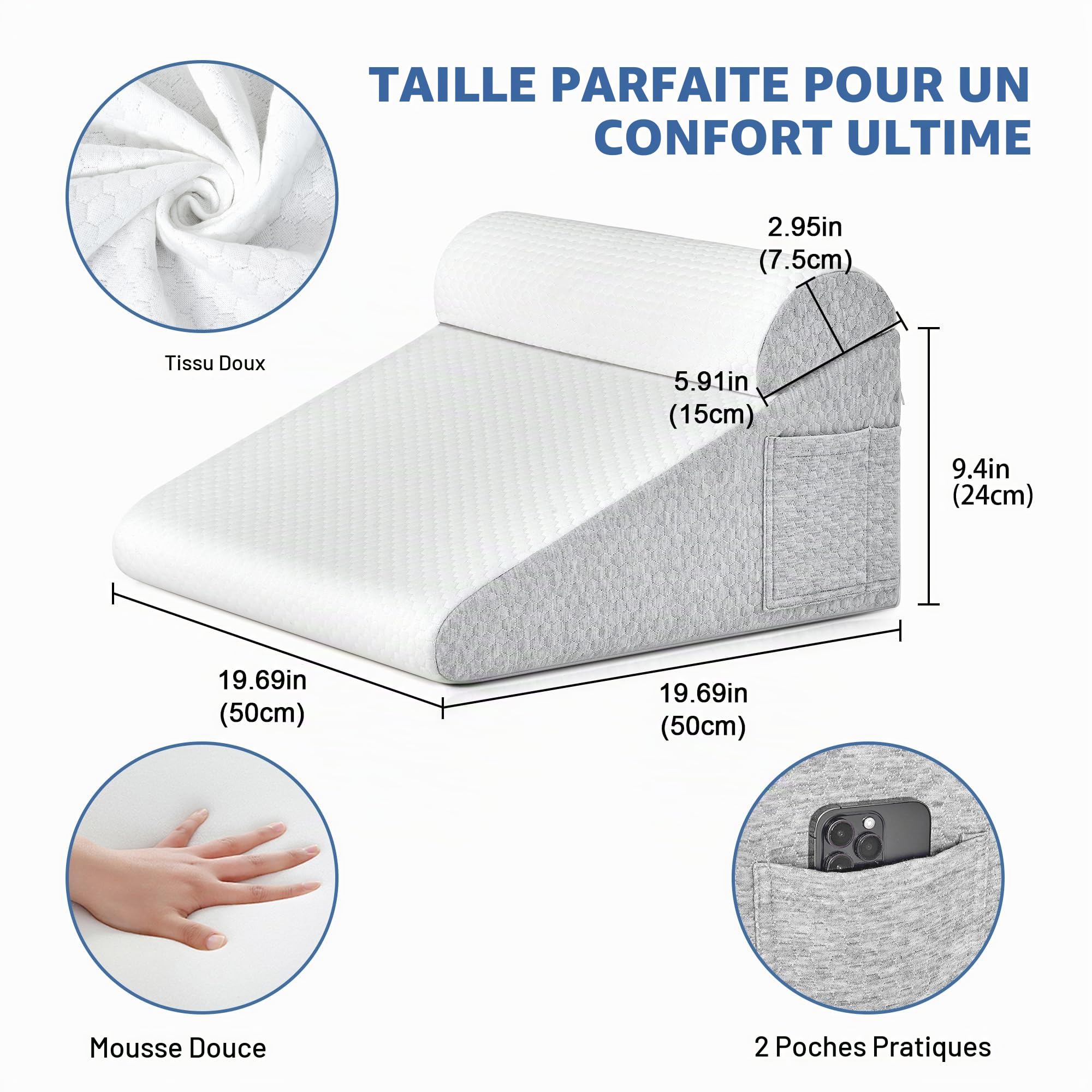 Coussin en Mousse à mémoire de Forme pour lit et canapé, Coussin de Lecture, Coussin arrière avec tête Semi-Circulaire, Gris Clair