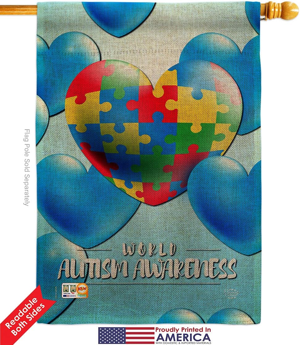 Heart Autism Burlap Burlap House Flag Support Awareness Inspirational Survivor Ribbon Prevention Cancer Breast BLM Small Decorative Gift Yard Banner Double-Sided Made In USA 28 X 40