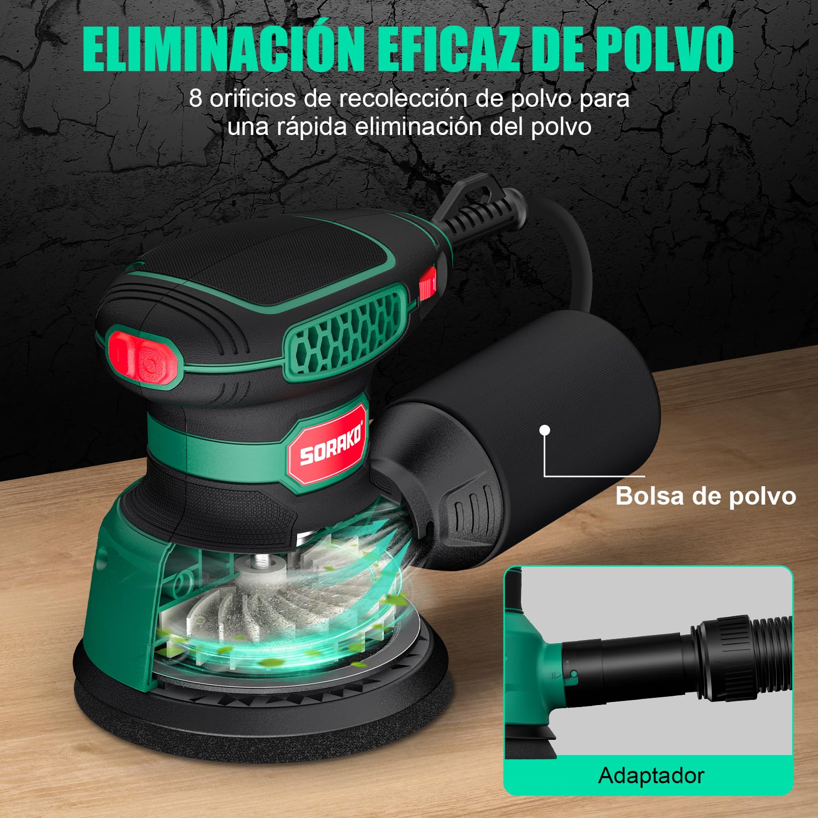 Lijadora Orbital 350W 125MM - 6 velocidades,16 hojas de lijado incluidas,con recolección de polvo y función de freno rápido,Ideal para lijar y pulir madera,en proyectos de afición