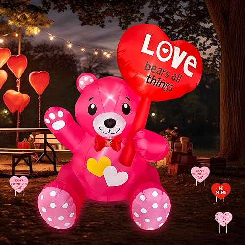 Miniatura 3 de SEASONBLOW Oso inflable de 4 pies con corazón iluminado por LED, decoración para patio, césped, jardín, hogar, fiesta, interior y exterior,