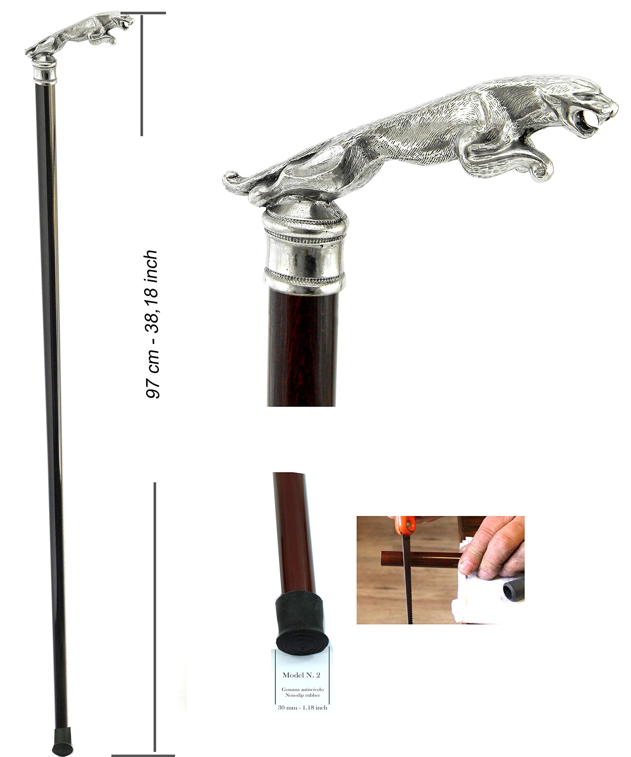 Bastón de paseo CAVAGNINI elegante para hombre y mujer, fabricado en Italia, personalizable en color y longitud (Jaguar, negro)
