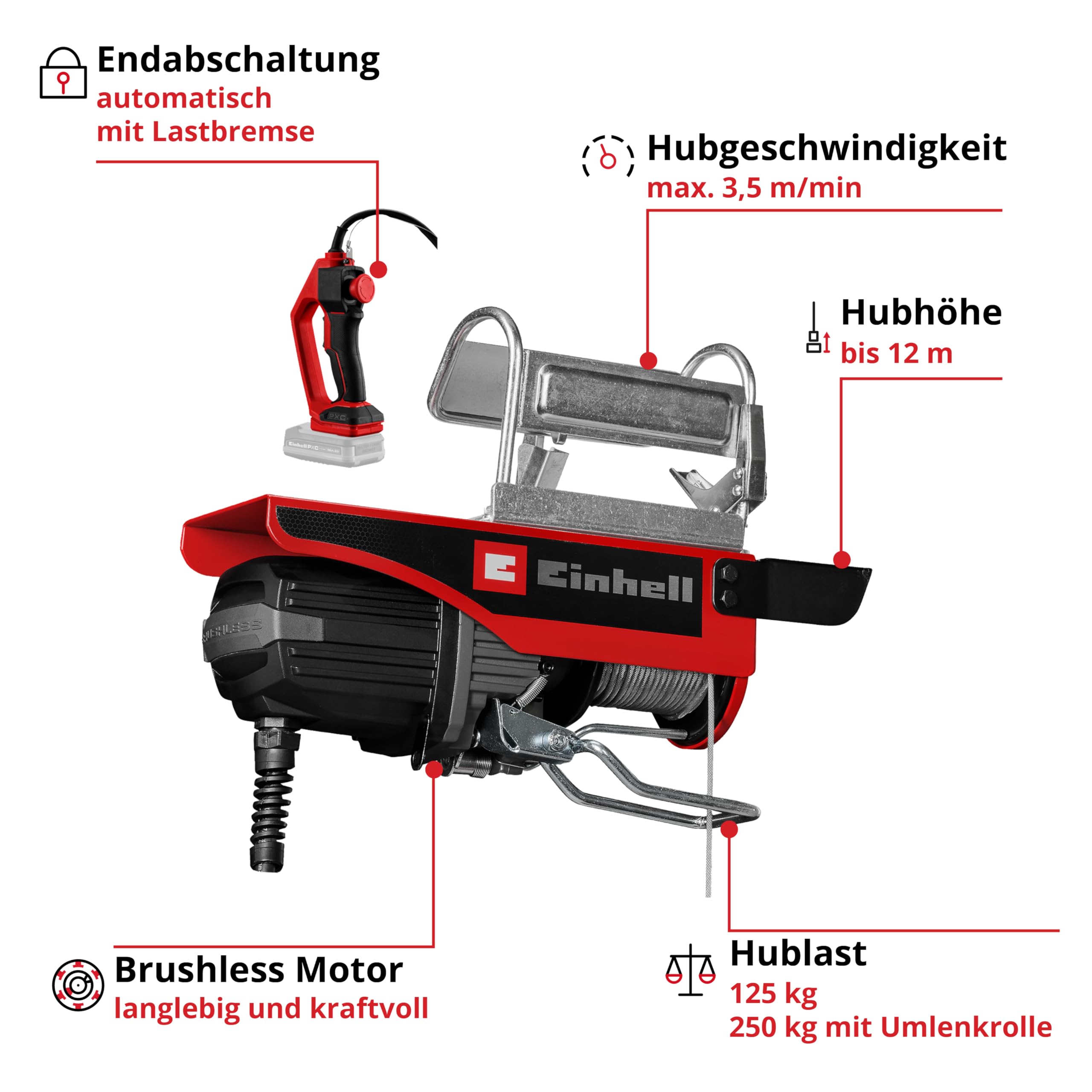 Einhell Akku-Seilhebezug TE-EH 18/250 Li BL Power X-Change 18 V Brushless Tragkraft 125 kg 250 kg Hubhöhe 12 m Stahlseil