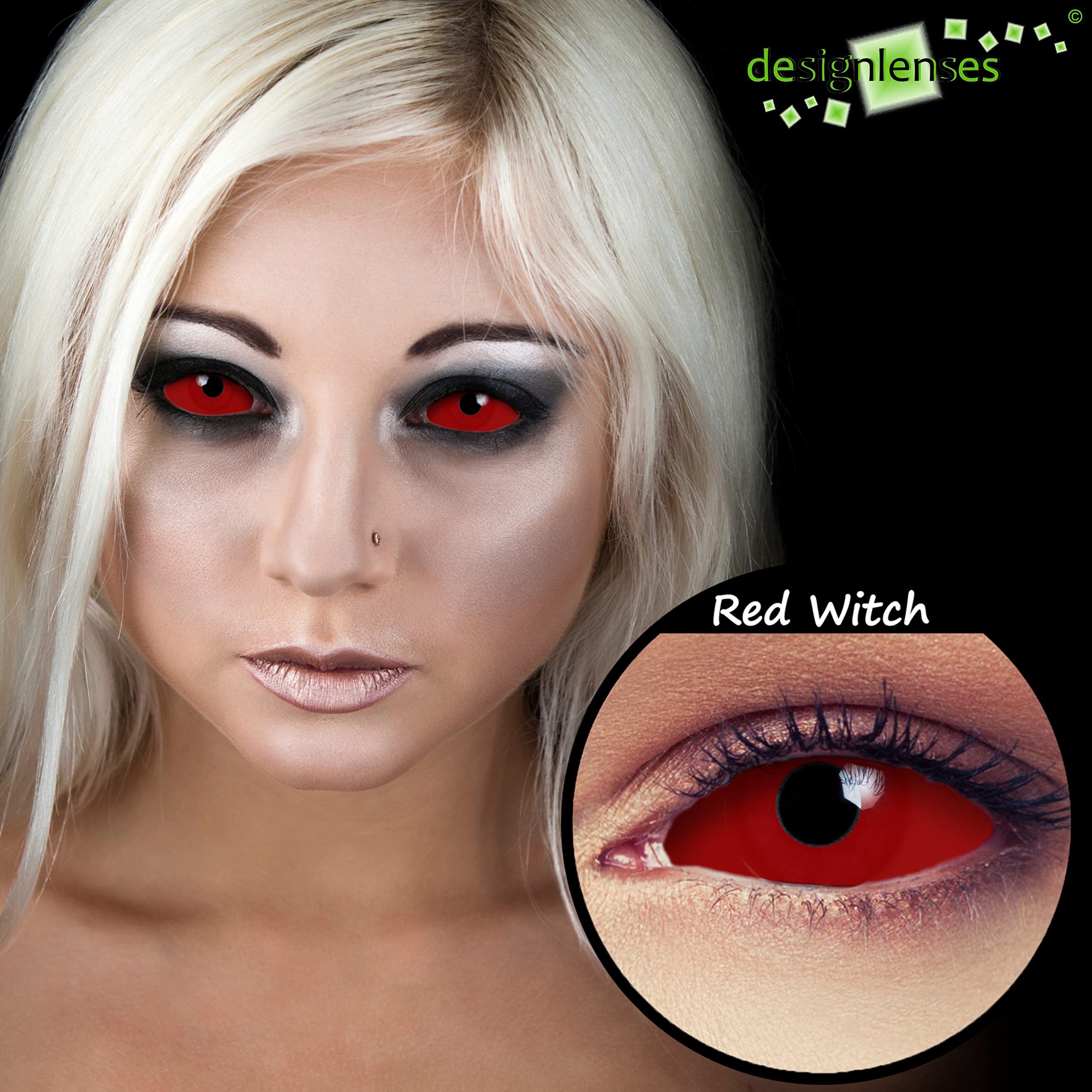 Lenti colorate completamente rosse, senza gradazione, 1 paio (2 pezzi), Lenti da 22 mm che coprono l'intero occhio + custodia per lenti "Red Witch"
