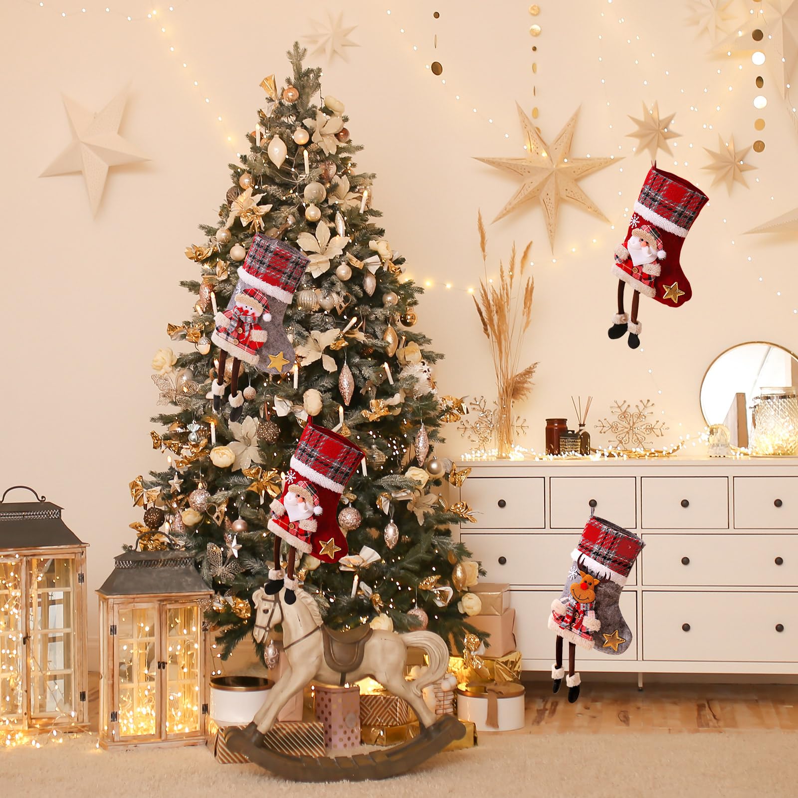 Chaussettes De Noël À Suspendre Avec Cercles Ethniques Et Motif Floral Décoration Festive Pour