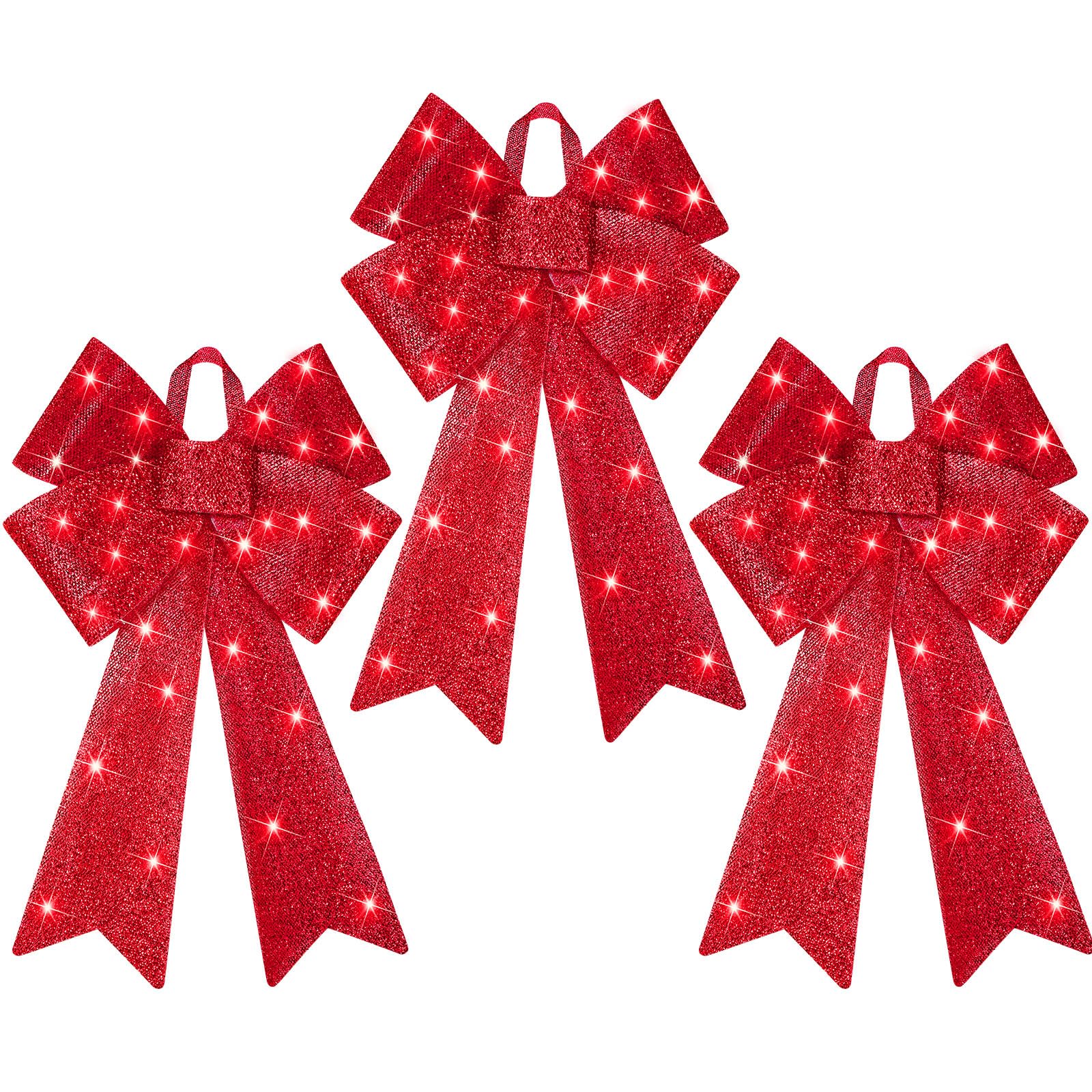 WILLBOND Lot de 3 nœuds de Noël pré-éclairés - 81,3 x 45,7 cm - Grand arbre rouge avec fonction minuterie - Décoration de sapin de Noël éclairée - 8 fonctions