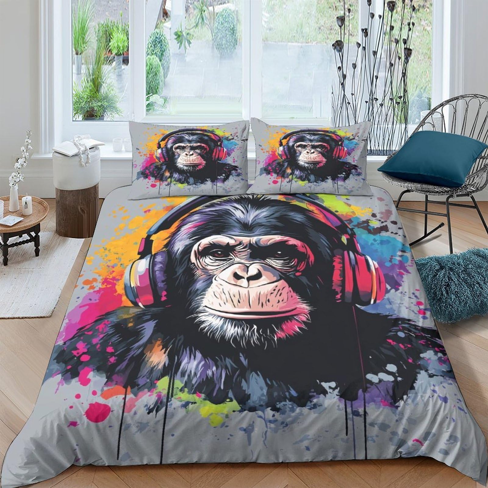 Ctjqhvkz Style-10 3D Printed Graffiti Monkey Fitted Sheet Microfiber Vibrant Headphones Bed Cover For Bedroom Dorm Mattress Protection Decor Single（135X200cm）